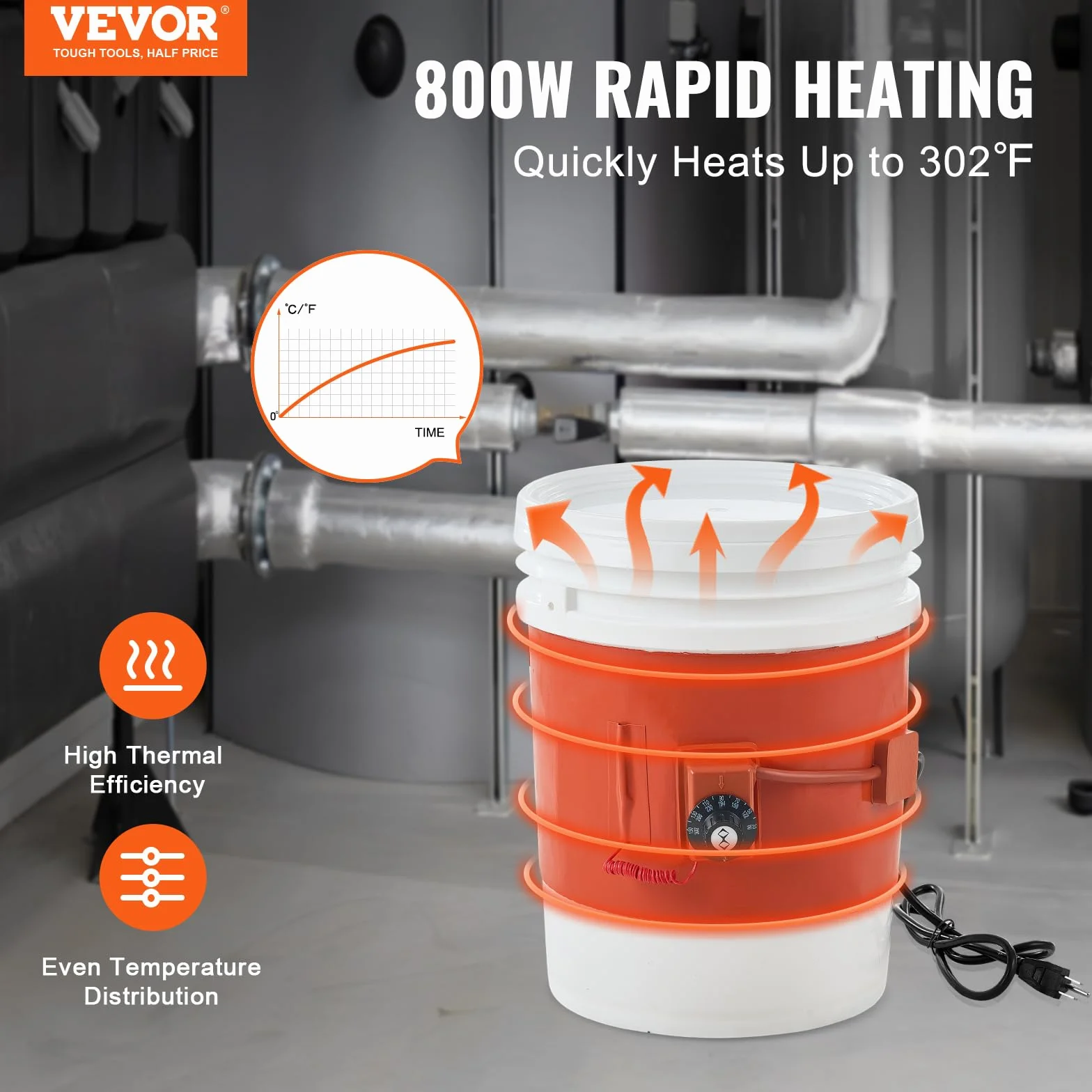 VEVOR Metalowy podgrzewacz beczki 800 W pas grzewczy 5 galonów 200 mm regulowany termostat 30-150°C silikonowy pomarańczowy