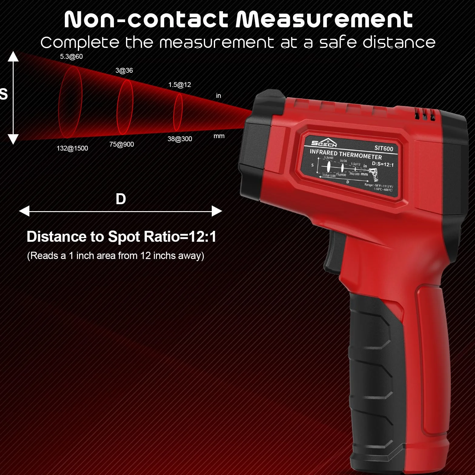 Termometr na Podczerwień SQECH Laserowy -50℃ ~ 600℃ Regulowaną Emisyjnością Kolorowym Podświetleniem Czerwony