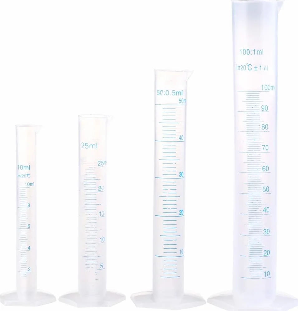 LATRAT Plastikowy zestaw 4 cylindrów ze skalą 10/25/50/100 ml do laboratoriów naukowych chemia narzędzia pomiarowe kuchnia