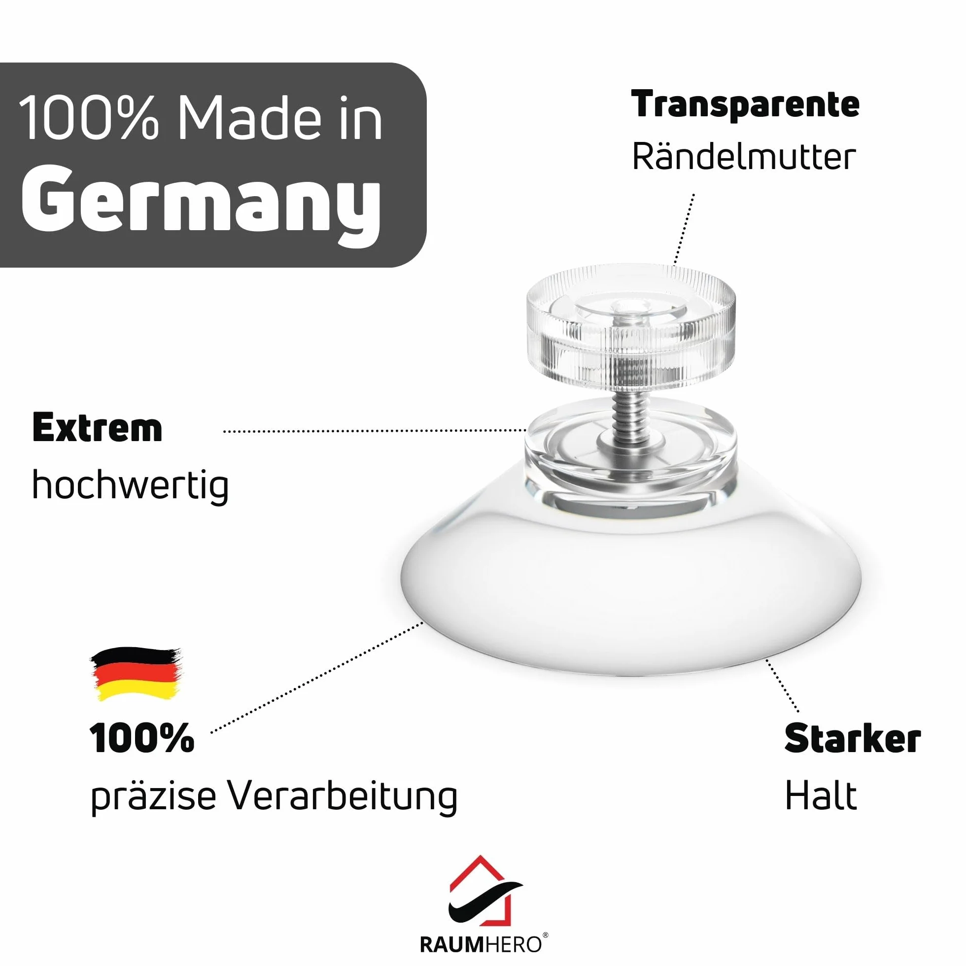 Raumhero 4 x przyssawka z gwintem (duża siła przyczepności), szklane przyssawki z przezroczystą nakrętką radełkowaną Ø 30 mm – 100% Made in Germany – przyssawki, przyssawka przykręcana, przyssawki