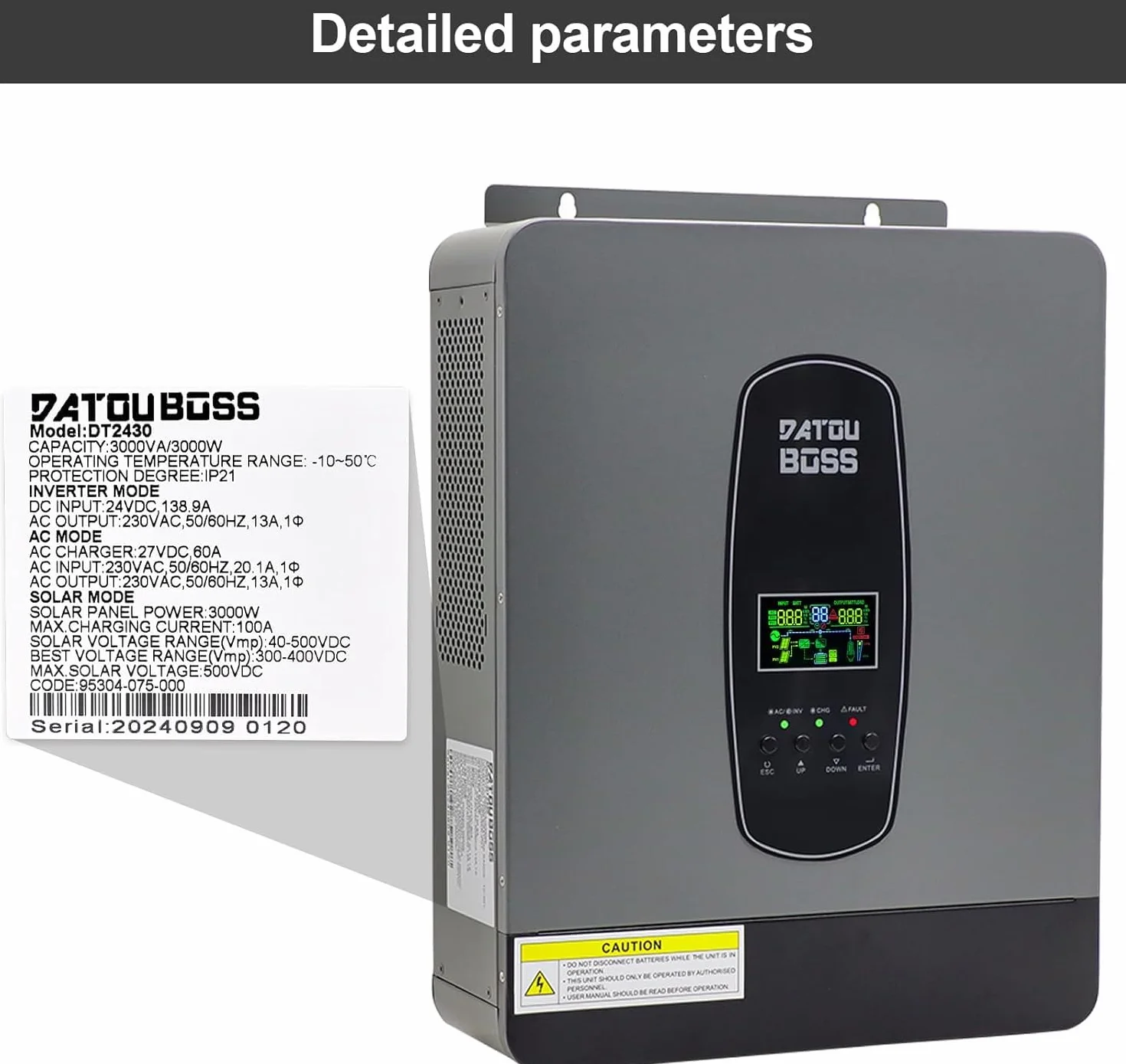 DATOUBOSS Hybrydowy falownik solarny 3000W 24V czysty sinus 220/230V AC MPPT 100A