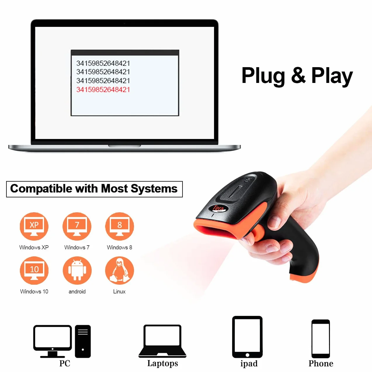 Tera Skaner kodów kreskowych 1D 2D QR 3 w 1 Wireless 2.4 GHz/Bluetooth/USB przewodowy czytnik kodów kreskowych ze stojakiem/uchwytem, HW0001