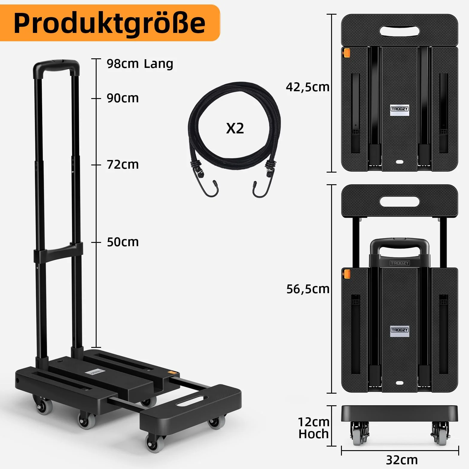 Wózek transportowy składany z hamulcami, wózek transportowy 226 kg, składany wózek transportowy z 6 uniwersalnymi kółkami, wózek platformowy z regulowanym dyszlem, 2 elastyczne liny, niski