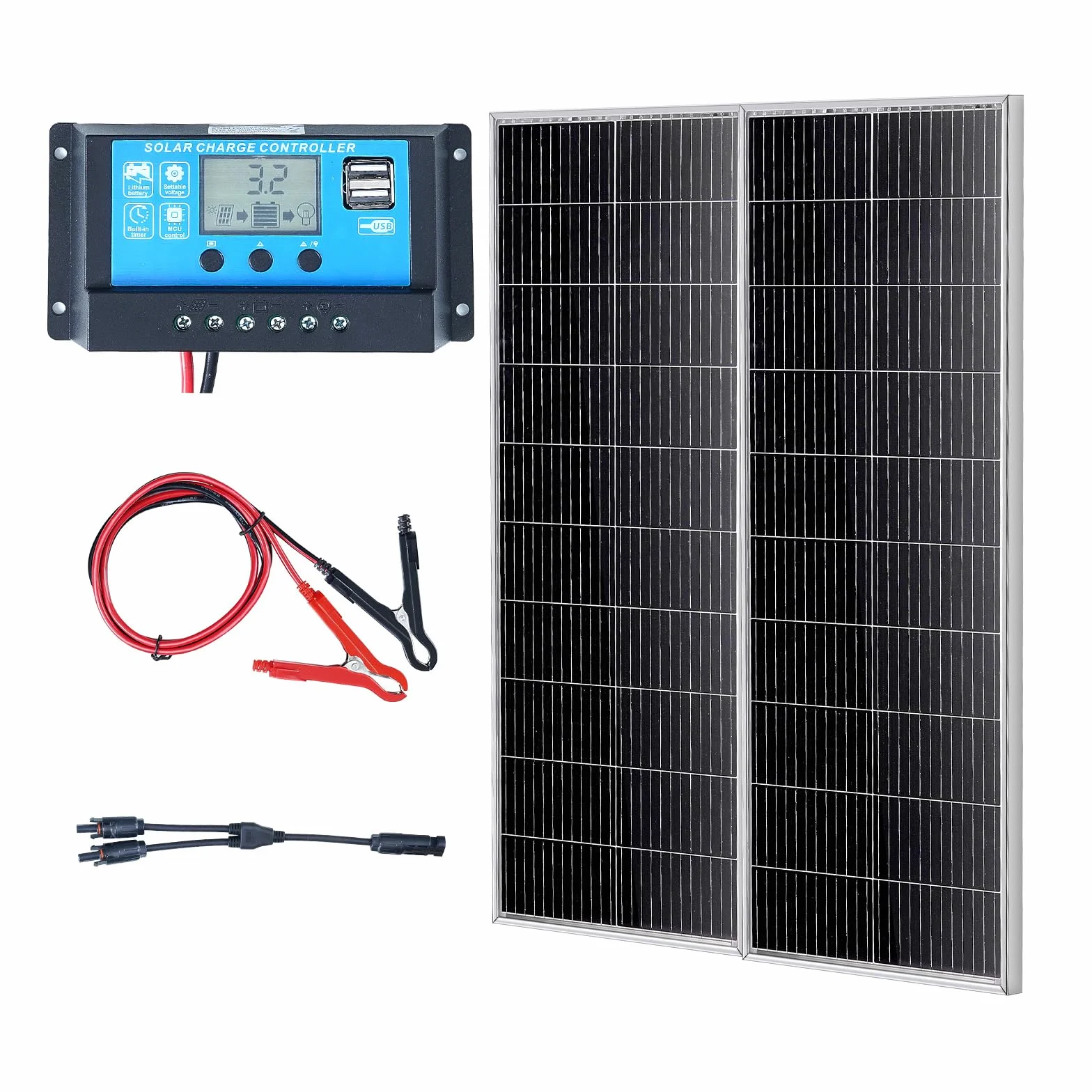 VEVOR Panel słoneczny 200 W, zestaw 2 sztuk, monokrystaliczny moduł solarny 12 V, regulator ładowania, instalacja solarna 16,66 A, współczynnik konwersji 23%, kompatybilny z bateriami AGM, żelowymi,