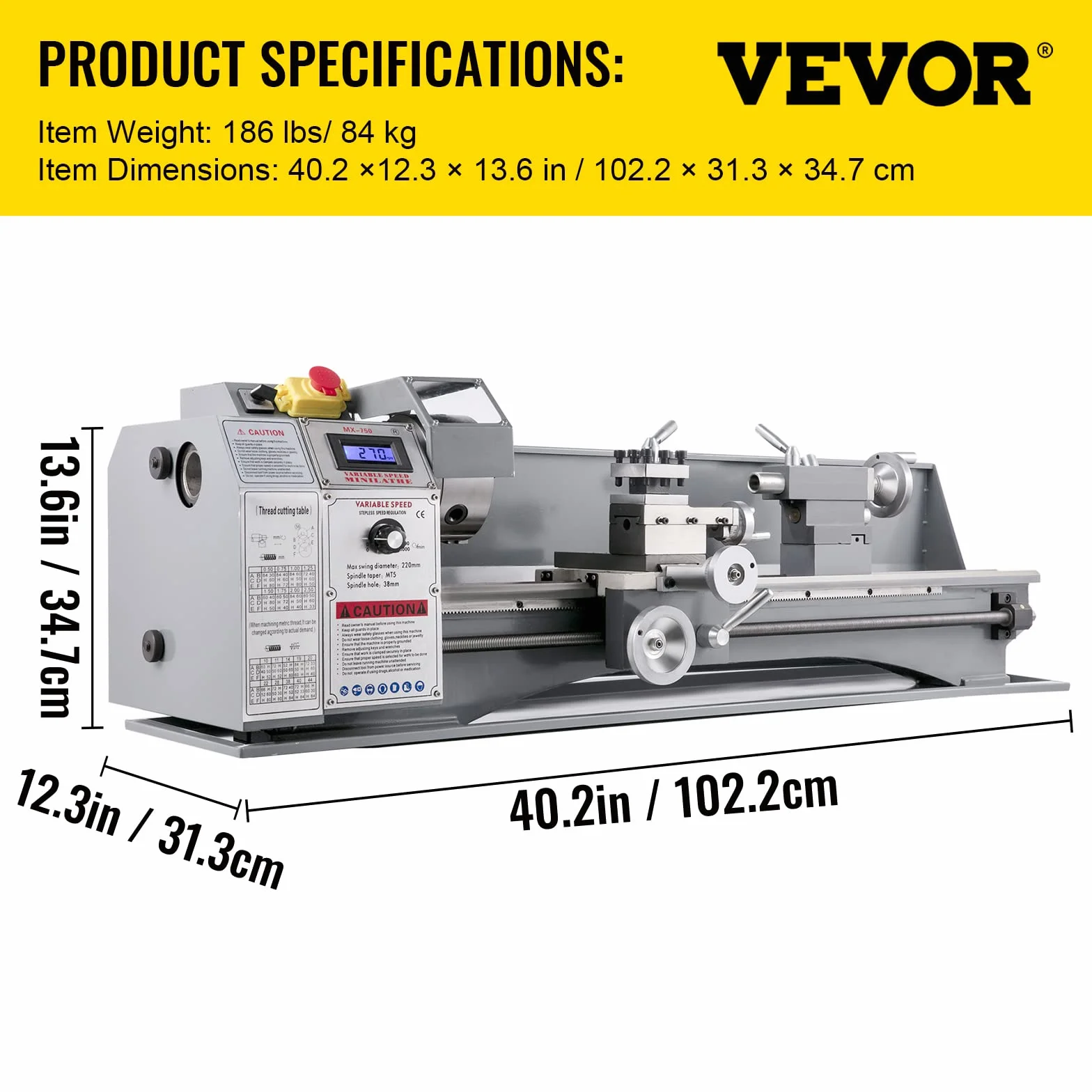 VEVOR Precyzyjna tokarka do metalu 750 W, 220 x 750 mm Mini tokarka do drewna o zmiennej prędkości 50-2250 ± 10% obr/min Profesjonalna tokarka elektroniczna, regulowana tokarka do wiercenia w