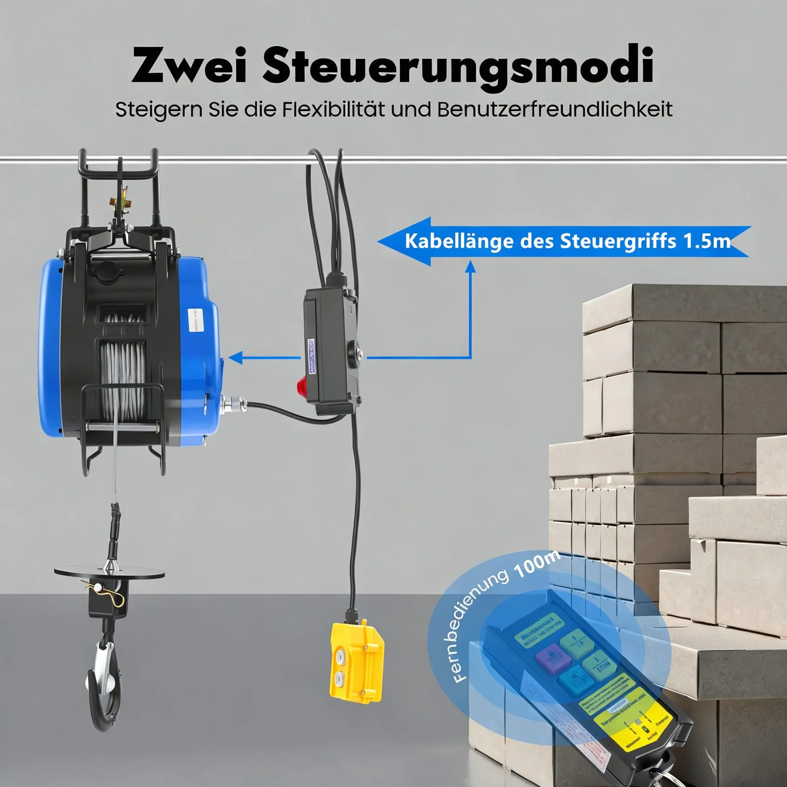 Mobilna wciągarka elektryczna 230 V, 250 kg, nośność 19 m/min, bezprzewodowy pilot zdalnego sterowania (100 m), z bateriami, uchwyt sterujący kablem 1500 W, wysokość podnoszenia 29 m, linka druciana