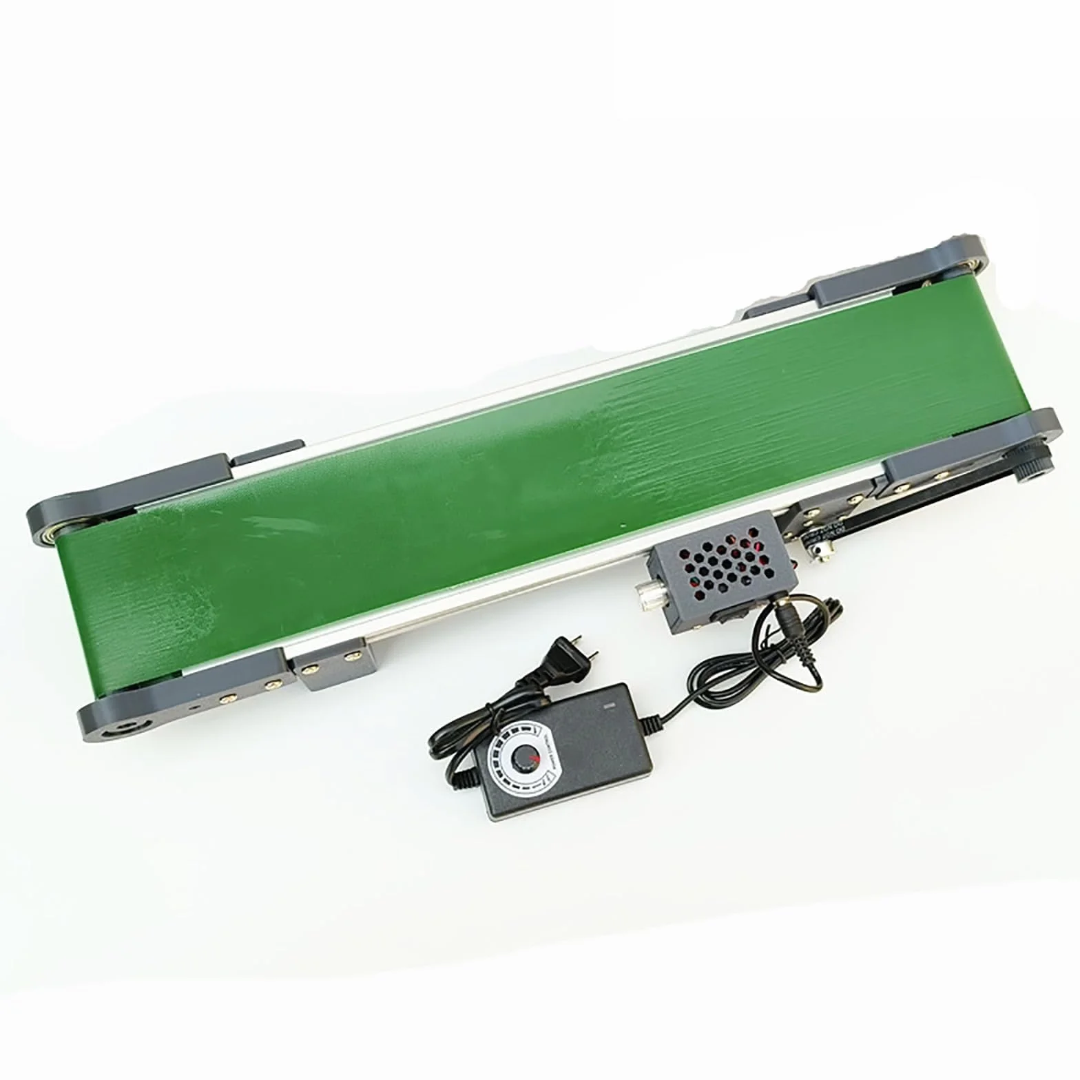 Przenośnik taśmowy biurkowy 50 cm, pas transportowy 10 x 50 cm, prędkość 1,8-7,6 cm/s, do przodu i tyłu, eksperyment naukowy