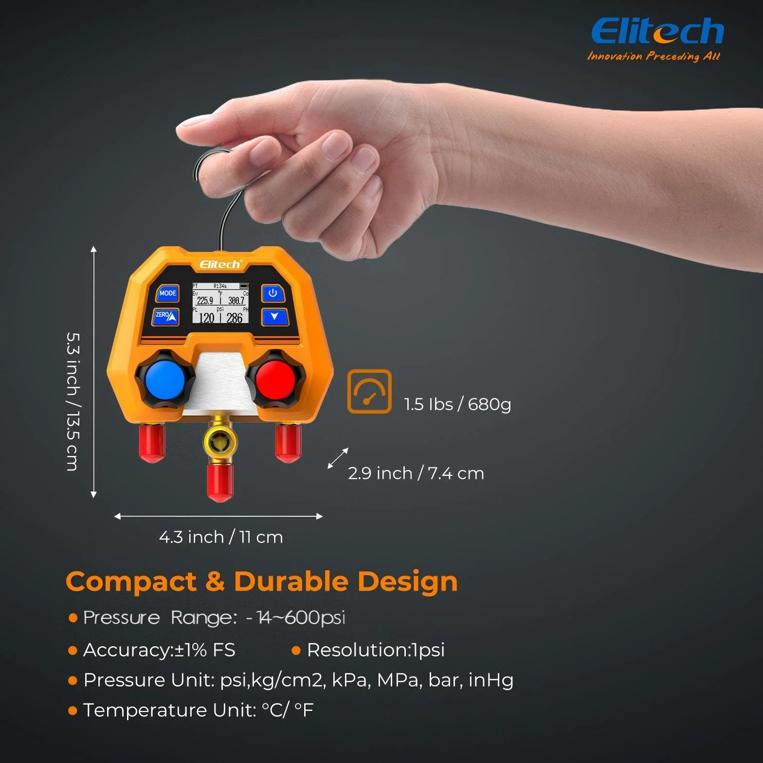 Elitech Manometr czynnika chłodniczego 600 psi/41 bar ± 1% dokładności, 88 rodzajów czynników chłodniczych i pomiar ciśnienia/temperatury, ochrona IP54 dla systemów klimatyzacji