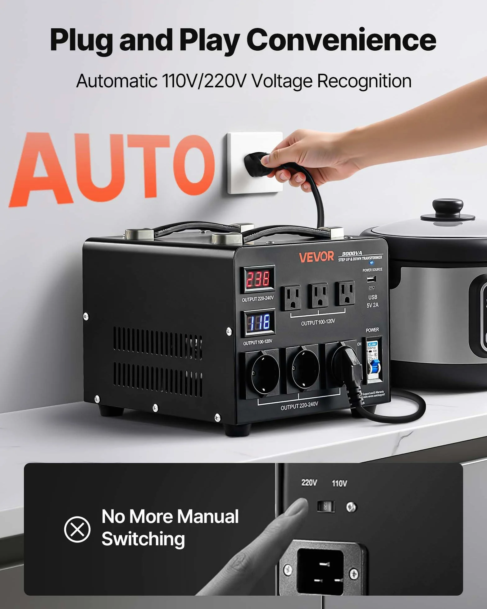 VEVOR Transformator 220 V do 110 V i 110 V do 220 V, automatyczny transformator podnoszenia napięcia, 3000 VA, z 3 gniazdami US, 3 gniazdami UE, ekranem LCD, kablem zasilającym, ochrona wyłącznika