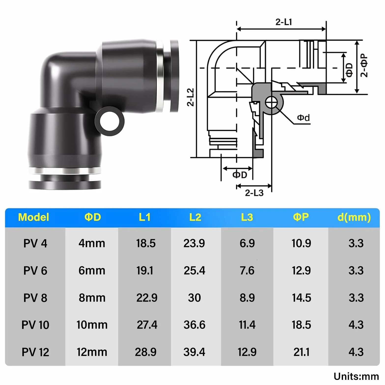 TAILONZ PNEUMATIC Czarne kolanko 6 mm rura-AD Złączki wtykowe PV6 (opakowanie 2) do łączenia połączeń węży Zapięcie ciśnieniowe PV6 (zestaw 2 sztuk)