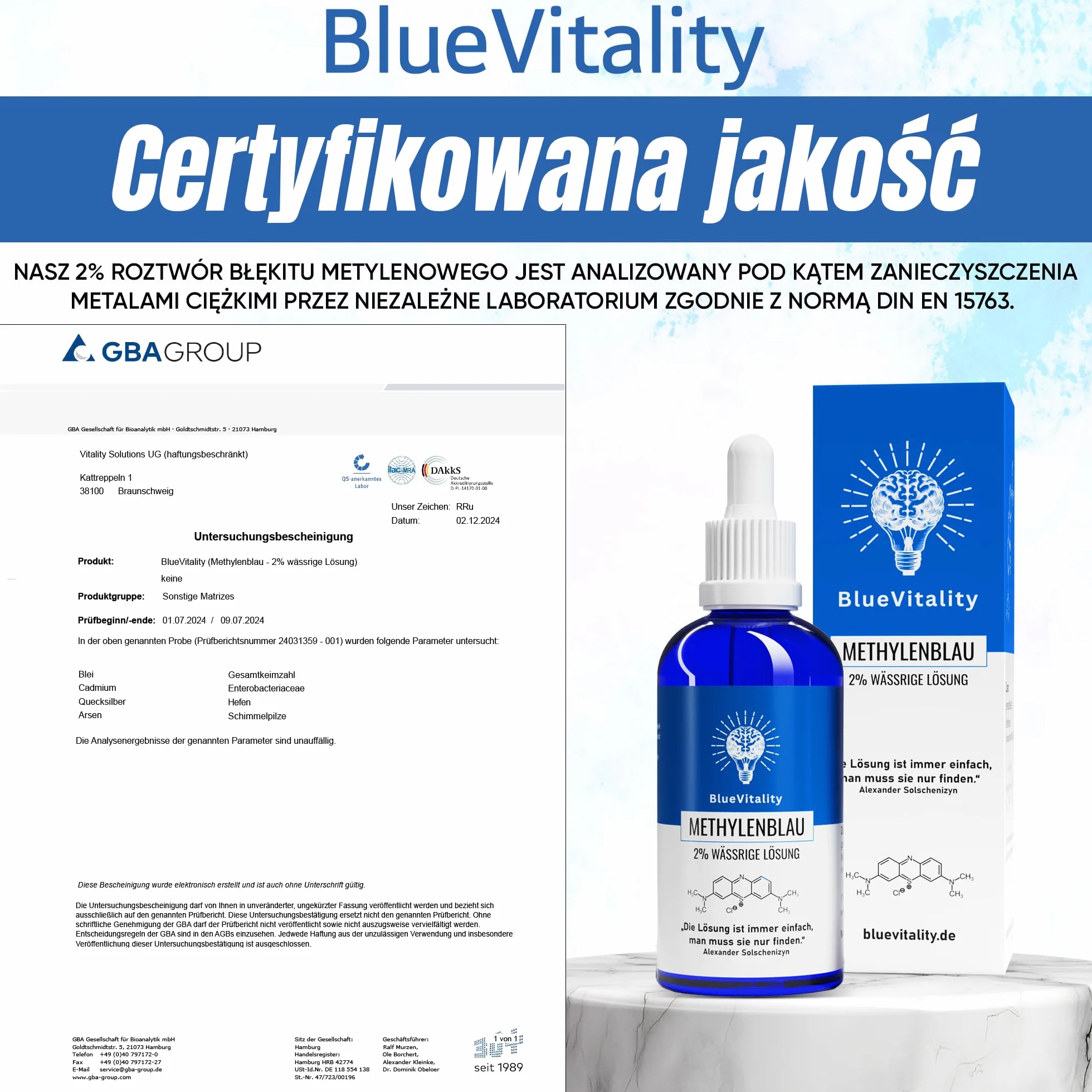 2% | podwójne stężenie | 100ml roztworu błękitu metylenowego 2% | jakość farmaceutyczna | 100% czystości USP | Made in Germany | niezależnie testowany laboratoryjnie | pipeta w zestawie