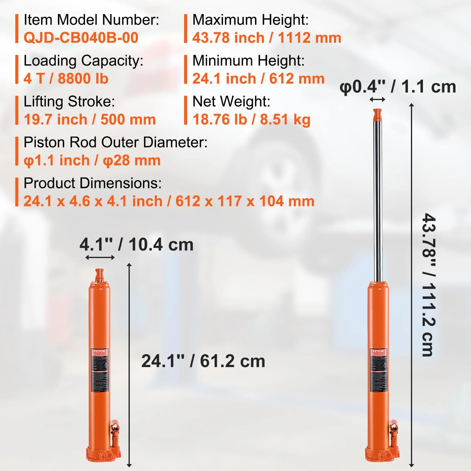 VEVOR Hydrauliczny podnośnik samochodowy 4 t cylinder z pojedynczą pompą tłokową płaską podstawą