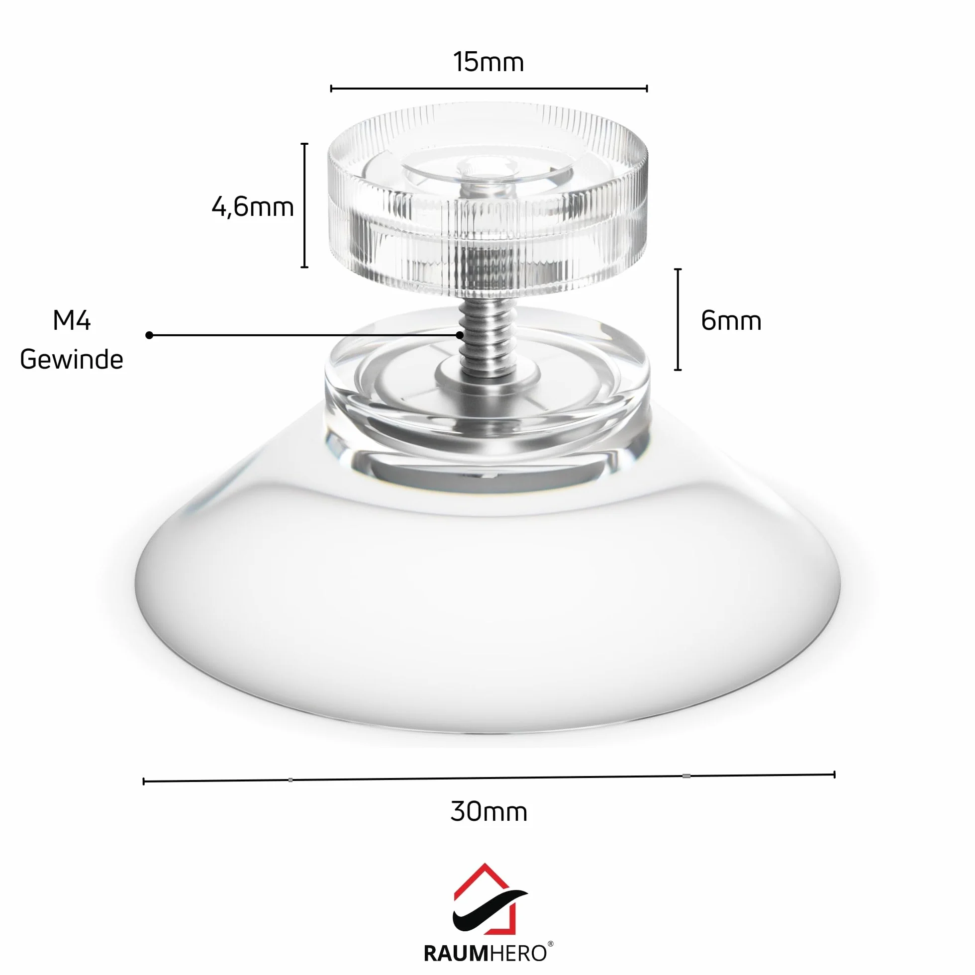 Raumhero 4 x przyssawka z gwintem (duża siła przyczepności), szklane przyssawki z przezroczystą nakrętką radełkowaną Ø 30 mm – 100% Made in Germany – przyssawki, przyssawka przykręcana, przyssawki