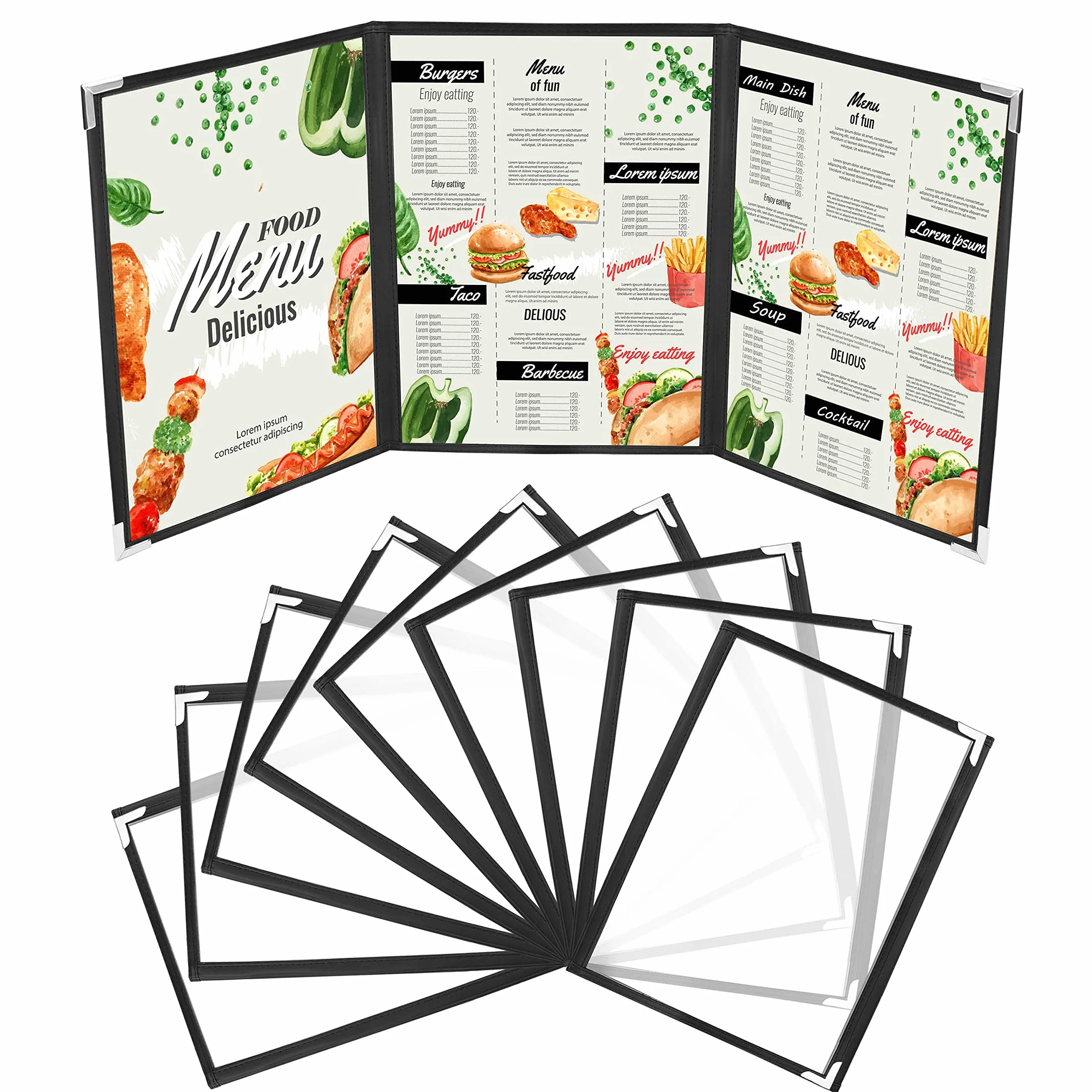 Kurtzy Potrójnie składane okładki na menu A5 (10 sztuk) - 3 składane podwójne uchwyty na menu w stylu amerykańskim - czarne potrójnie przezroczyste okładki menu z ochraniaczami narożnymi - do restauracji, barów, kawiarni, jedzenia i napojów