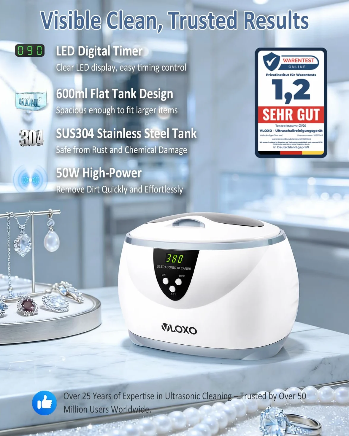 VLOXO Urządzenie do Czyszczenia Ultradźwiękowego 600ml 42kHz z Koszem Wyświetlacz LED