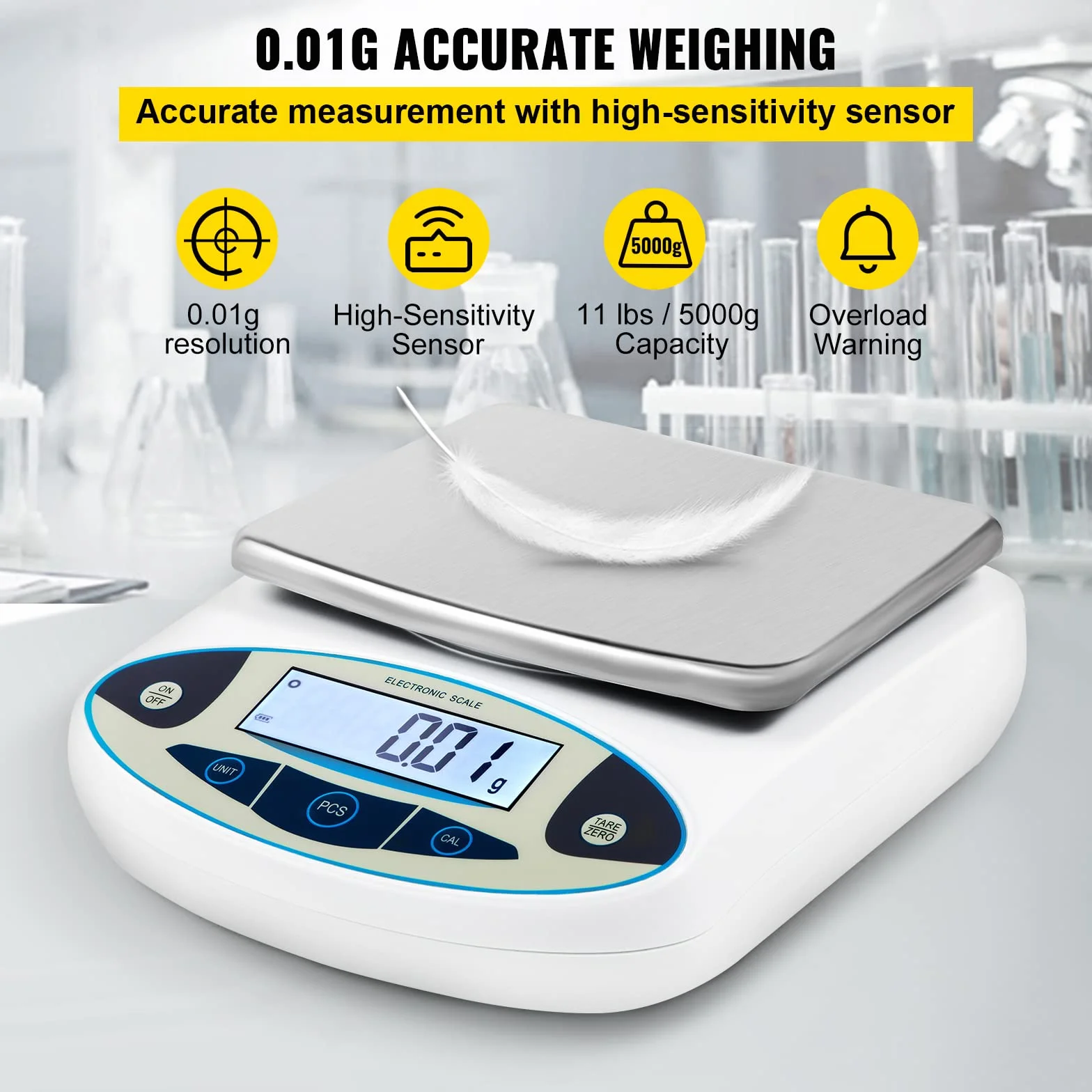 VEVOR Cyfrowa waga analityczna 5000 g 0,01 g dokładność laboratoryjna 13 jednostek przeliczeniowych taca 16,5 x 17,5 cm