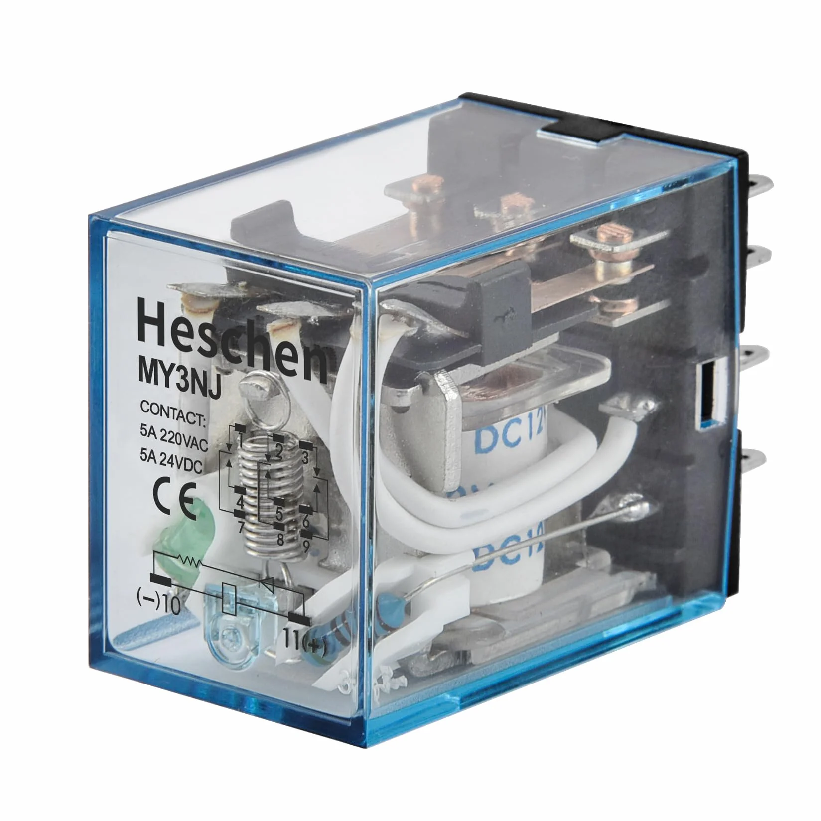 Heschen Gereral przekaźnik zasilający MY3NJ 12 V DC cewka 5 A 24 V DC/220 V AC 3PDT Wskaźnik LED 11-pinowy zacisk