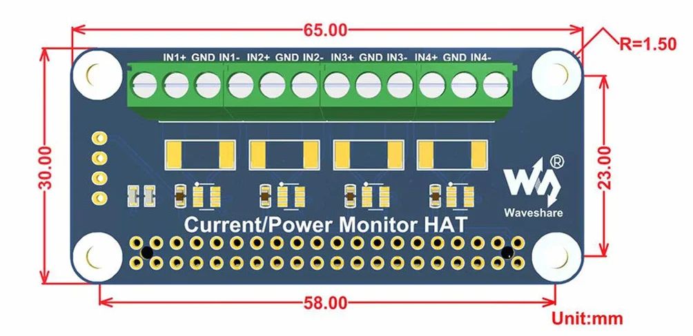 Waveshare 4-ch Current Voltage Power Monitor HAT do Raspberry Pi I2C SMBus
