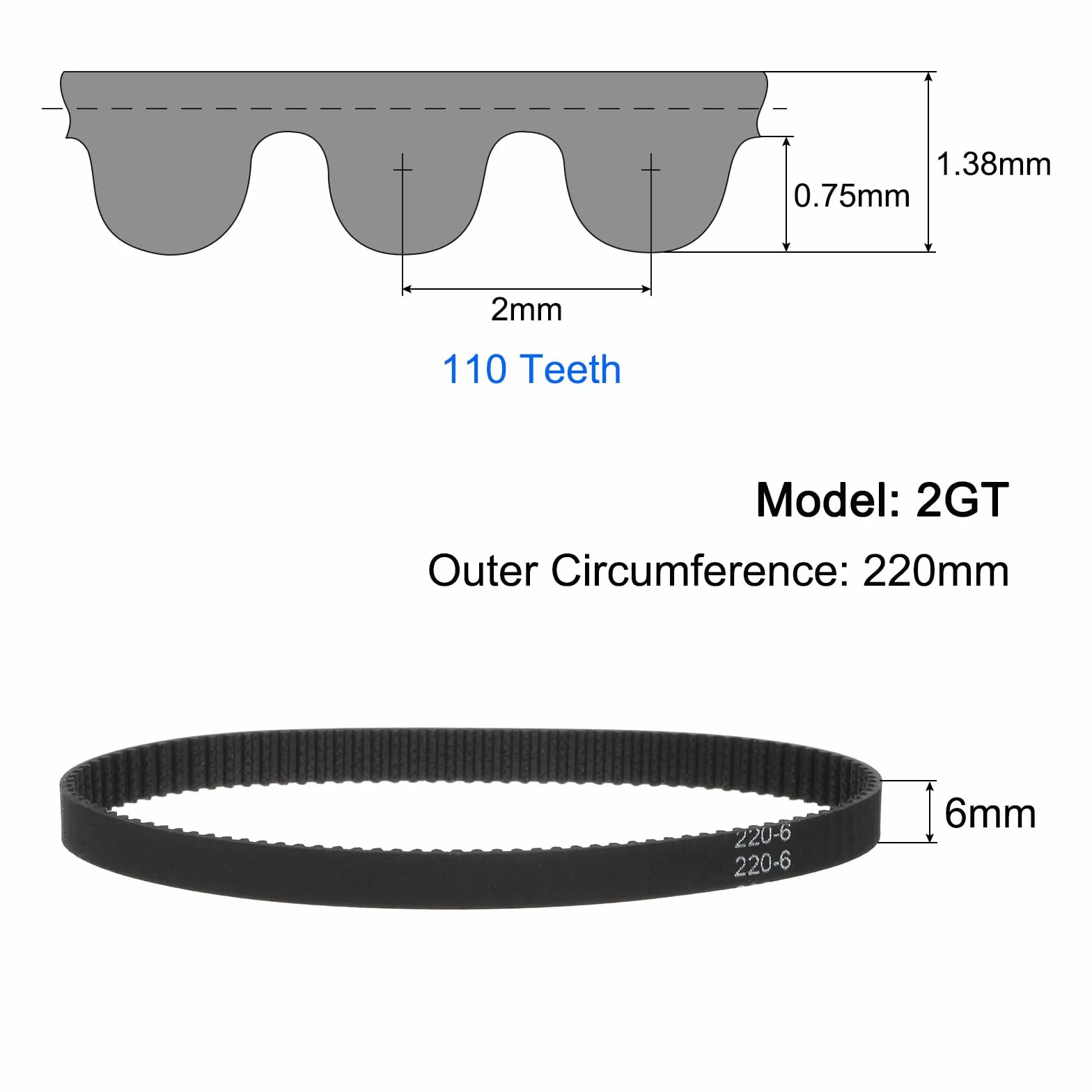 QUARKZMAN 2 szt. 2GT pasek rozrządu z zamkniętą pętlą 220-2GT-9, szerokość 6 mm x długość 220 mm - pasek rozrządu 2GT, zamknięta pętla, 220-2GT-9, szerokość 6 mm x długość 220 mm