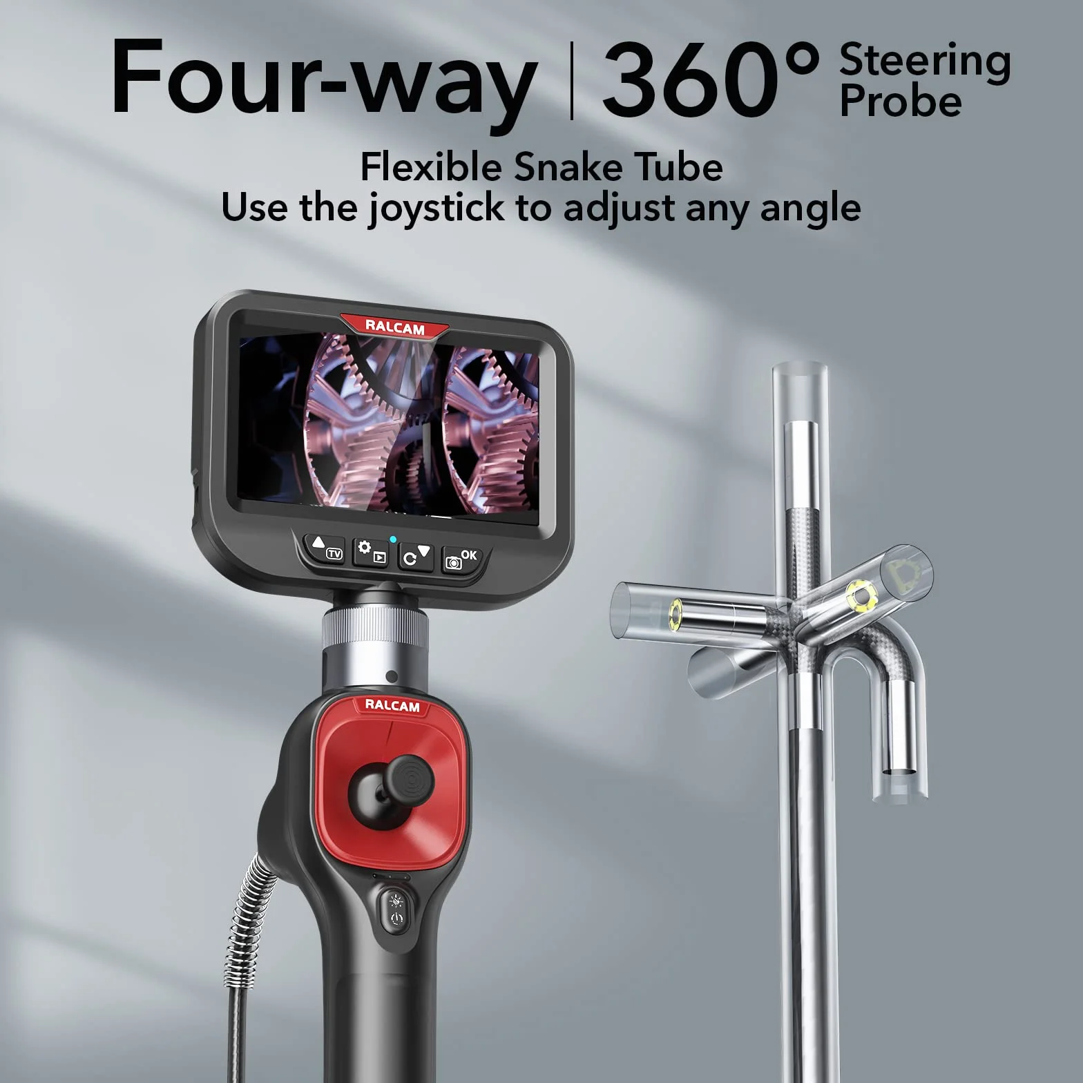RalcamKamera endoskopowa 6,2 mm, 360° wychylny, 4,3" HD 720p, kamera inspekcyjna ze światłem, 6 diod LED, wodoszczelność IP67, 1 m kanałowa