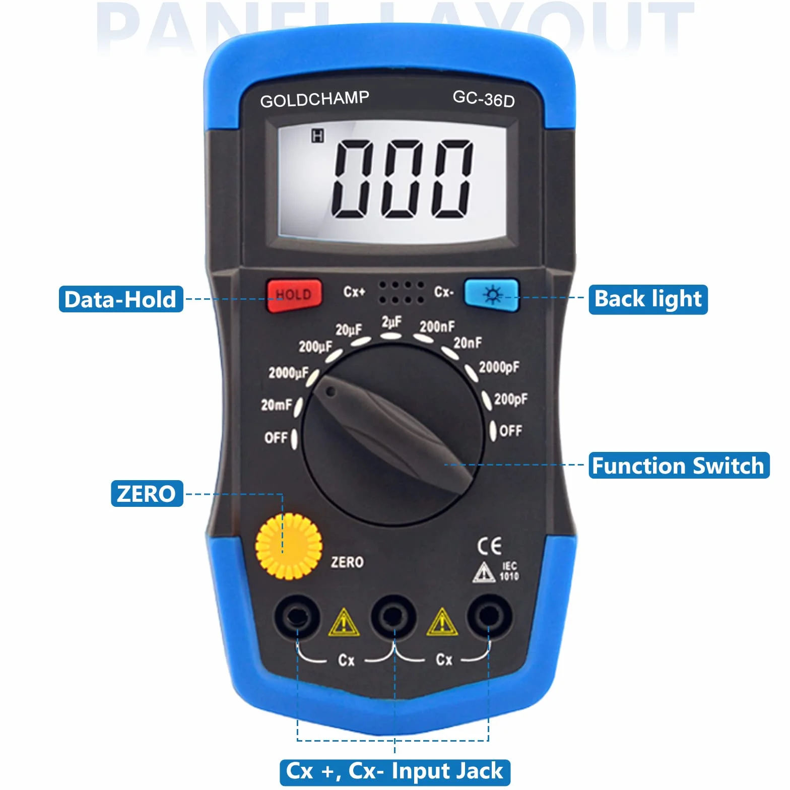 GOLDCHAMP Cyfrowy miernik pojemności kondensatora 0,1pF - 20 000uF LCD 1999