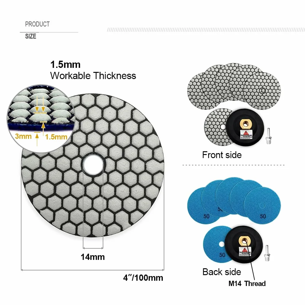 SHDIATOOL Suche diamentowe podkładki polerskie #50 6 sztuk i gumowa podkładka do pieczenia (1 zestaw) z okrągłym trzonkiem 100 mm do betonu, diamentowe tarcze szlifierskie, marmur, granit, polerowanie