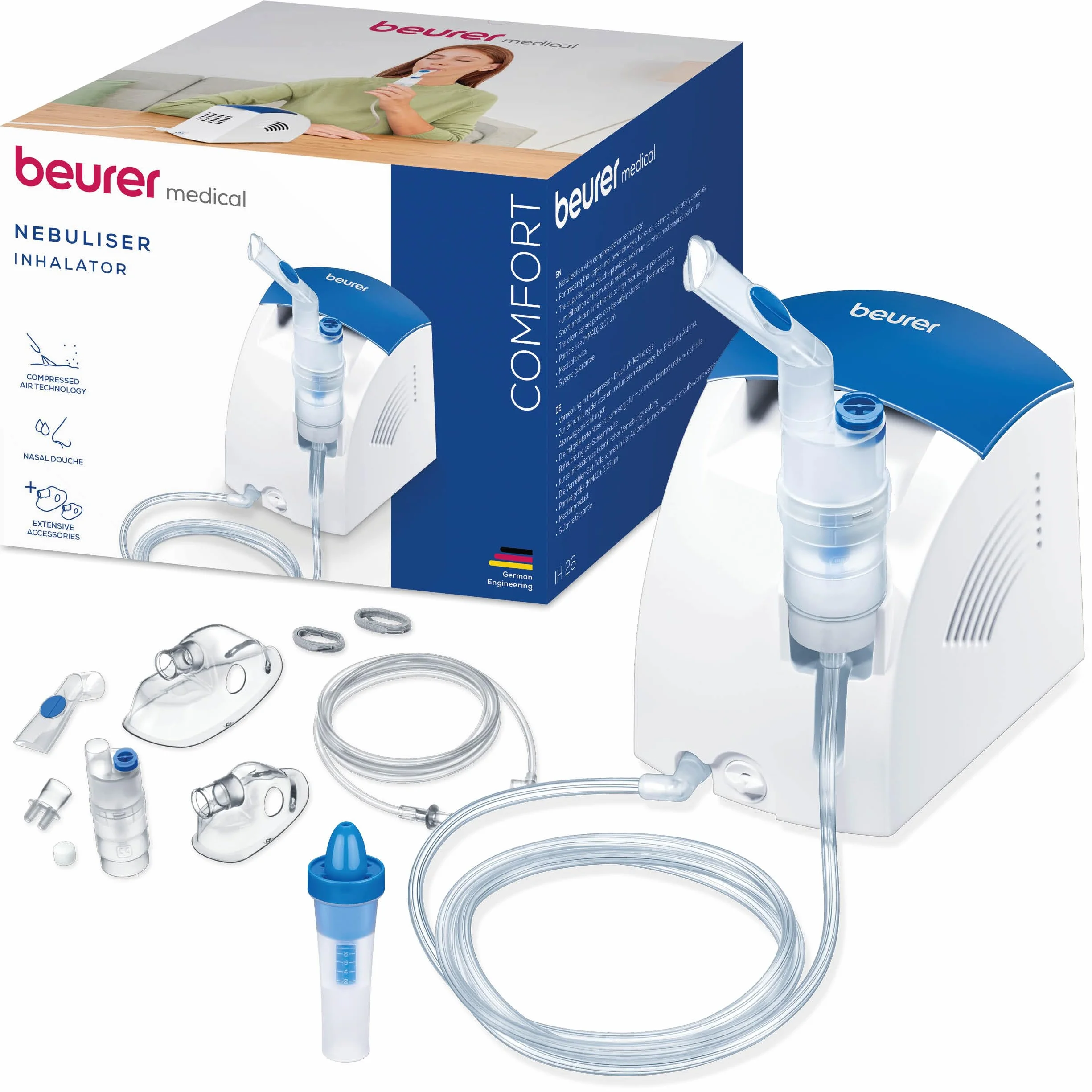 Beurer IH 26 Inhalator, Nebulizator z prysznicem do nosa, wysoka wydajność nebulizacji, dla dzieci i dorosłych