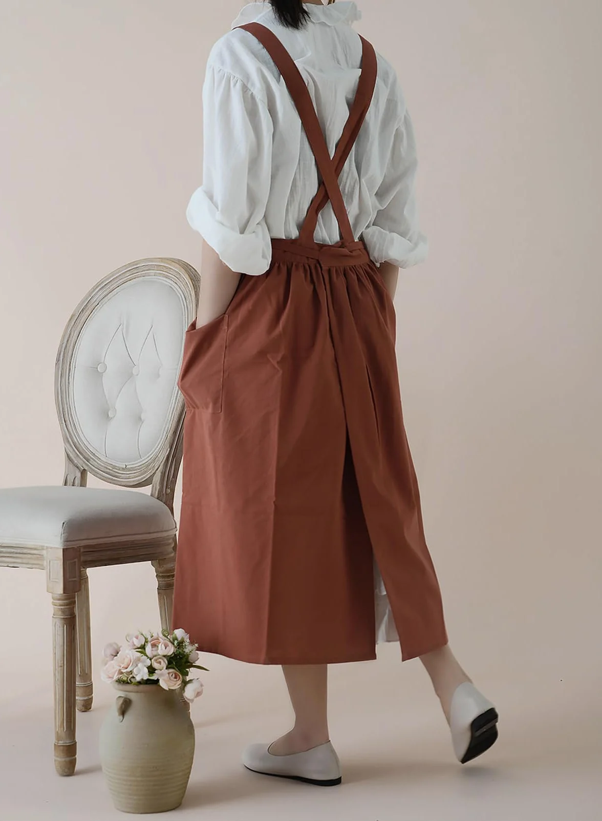 Fartuch bawełniany lniany japoński styl retro z kieszenią kuchenny