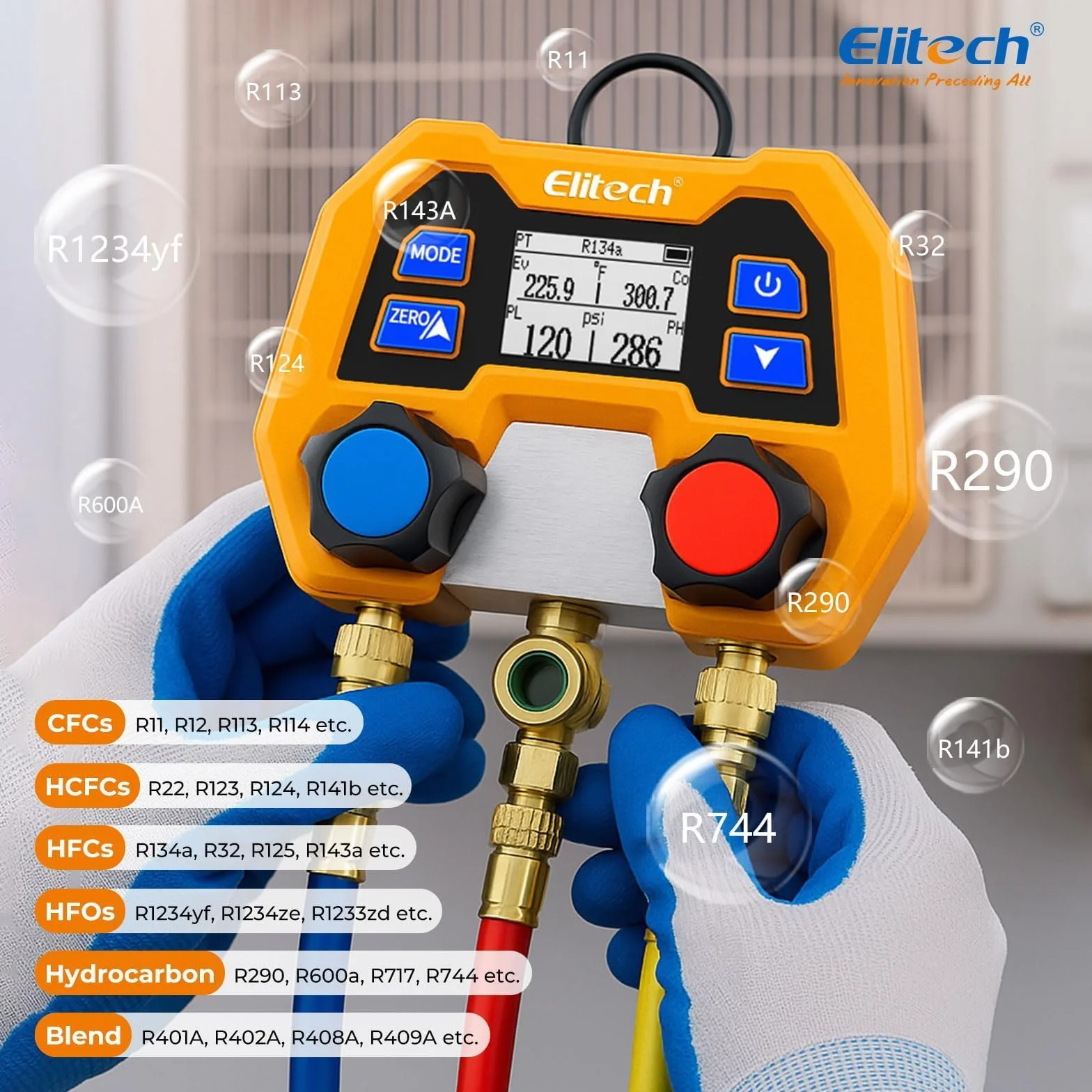 Elitech Manometr czynnika chłodniczego 600 psi/41 bar ± 1% dokładności, 88 rodzajów czynników chłodniczych i pomiar ciśnienia/temperatury, ochrona IP54 dla systemów klimatyzacji