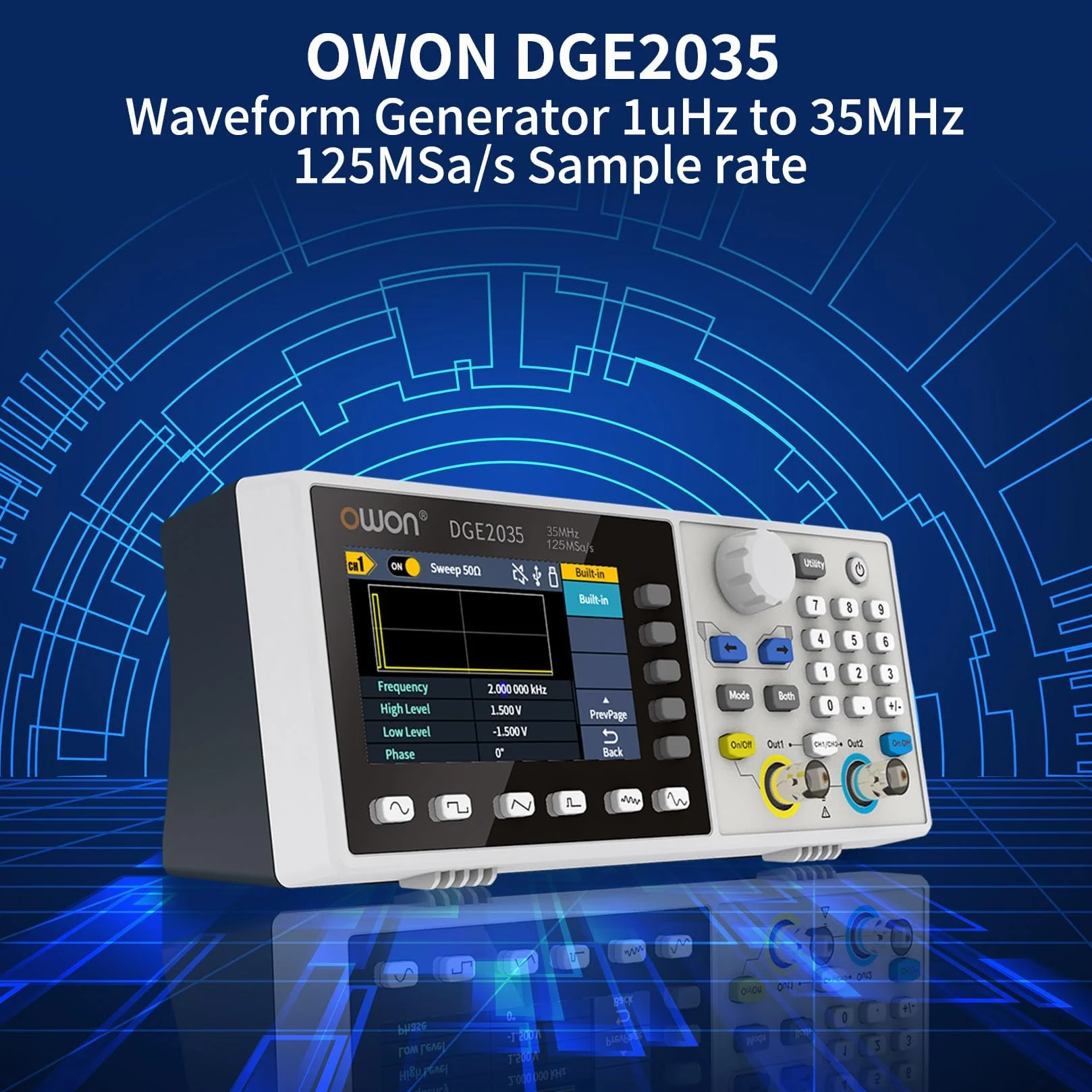 OWON DGE2035 przenośny generator dowolnej fali 35 MHz 125 MSa/s 14-bitowy wyświetlacz LCD 3,6 cala