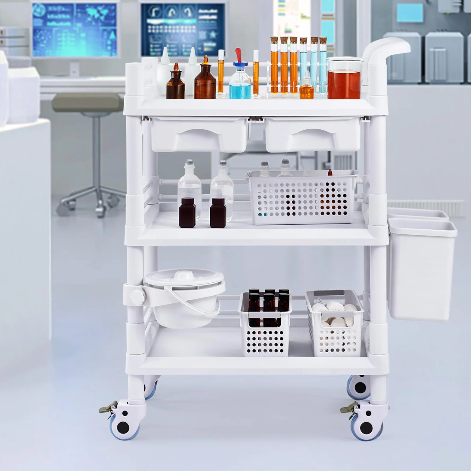 VEVOR Wózki laboratoryjne 3-poziomowy wózek medyczny z 3 tacami i 4 kołami Cichy mobilny wózek medyczny z materiałem PP z 3 pojemnikami na śmieci do laboratorium, kliniki, szpitala, biały