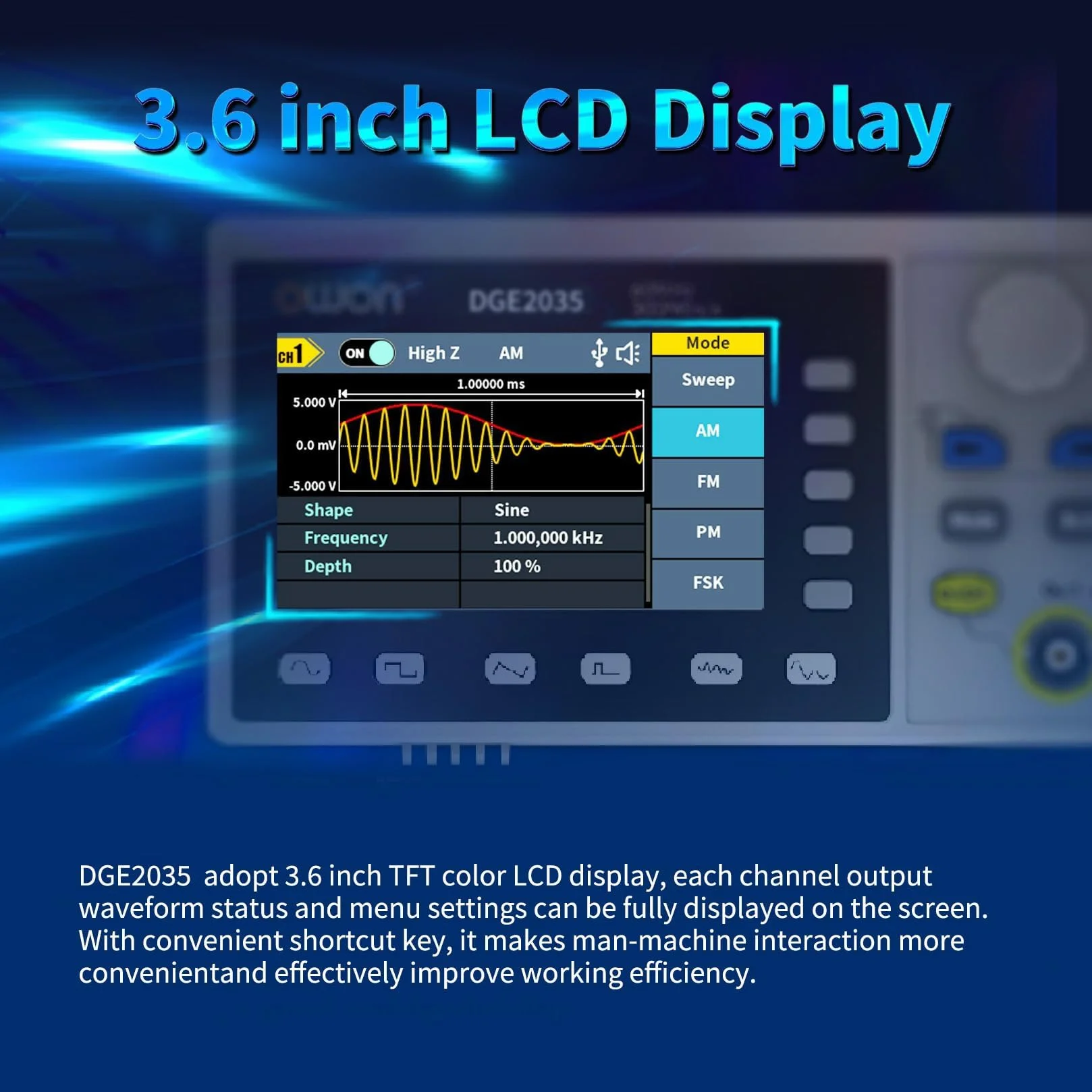 OWON DGE2035 przenośny generator dowolnej fali 35 MHz 125 MSa/s 14-bitowy wyświetlacz LCD 3,6 cala