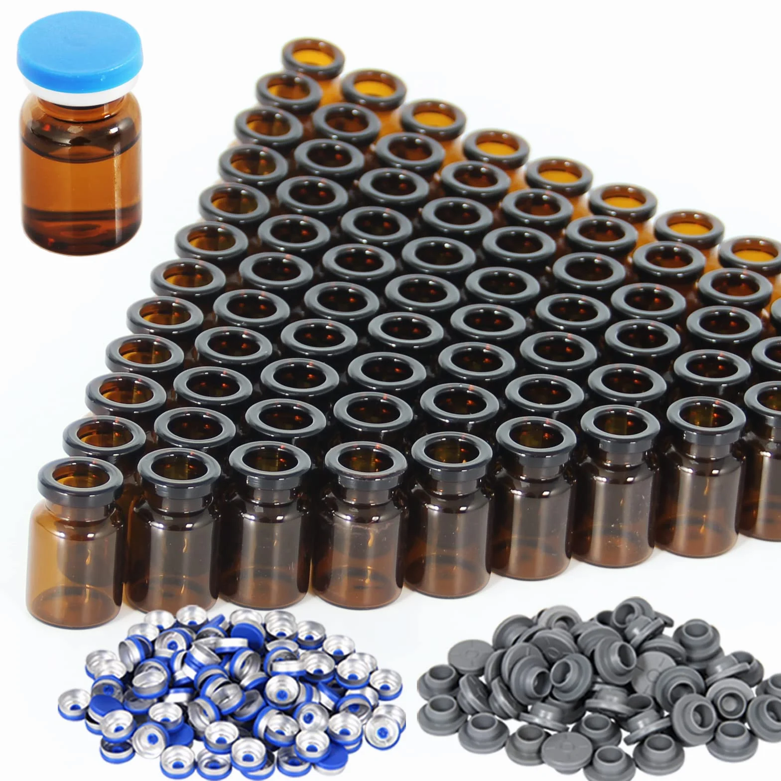 5 ml bursztynowych szklanych fiolek z plastikowo-aluminiowymi klapkami i gumowymi korkami, 100 sztuk, 20 mm płaskie dno, fiolki laboratoryjne