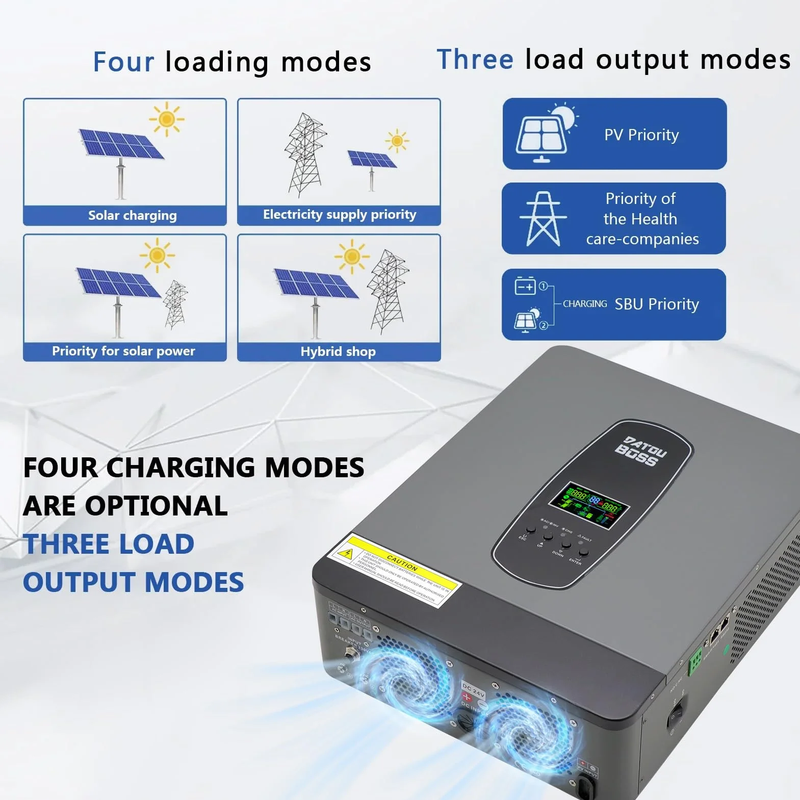 DATOUBOSS Hybrydowy falownik solarny 3000W 24V czysty sinus 220/230V AC MPPT 100A