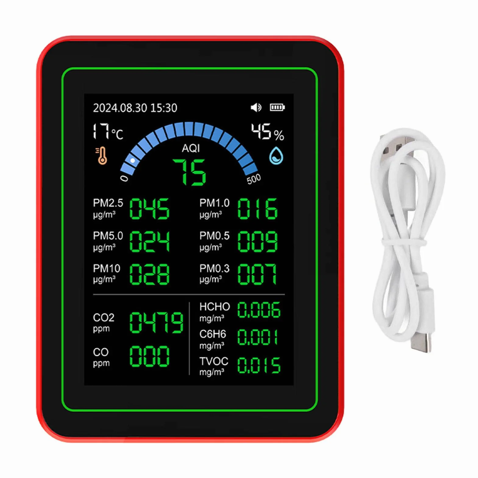 Miernik Jakości Powietrza 18 w 1 CO2 TVOC HCHO PM2.5 PM10 Temp Wilgotność Czarny