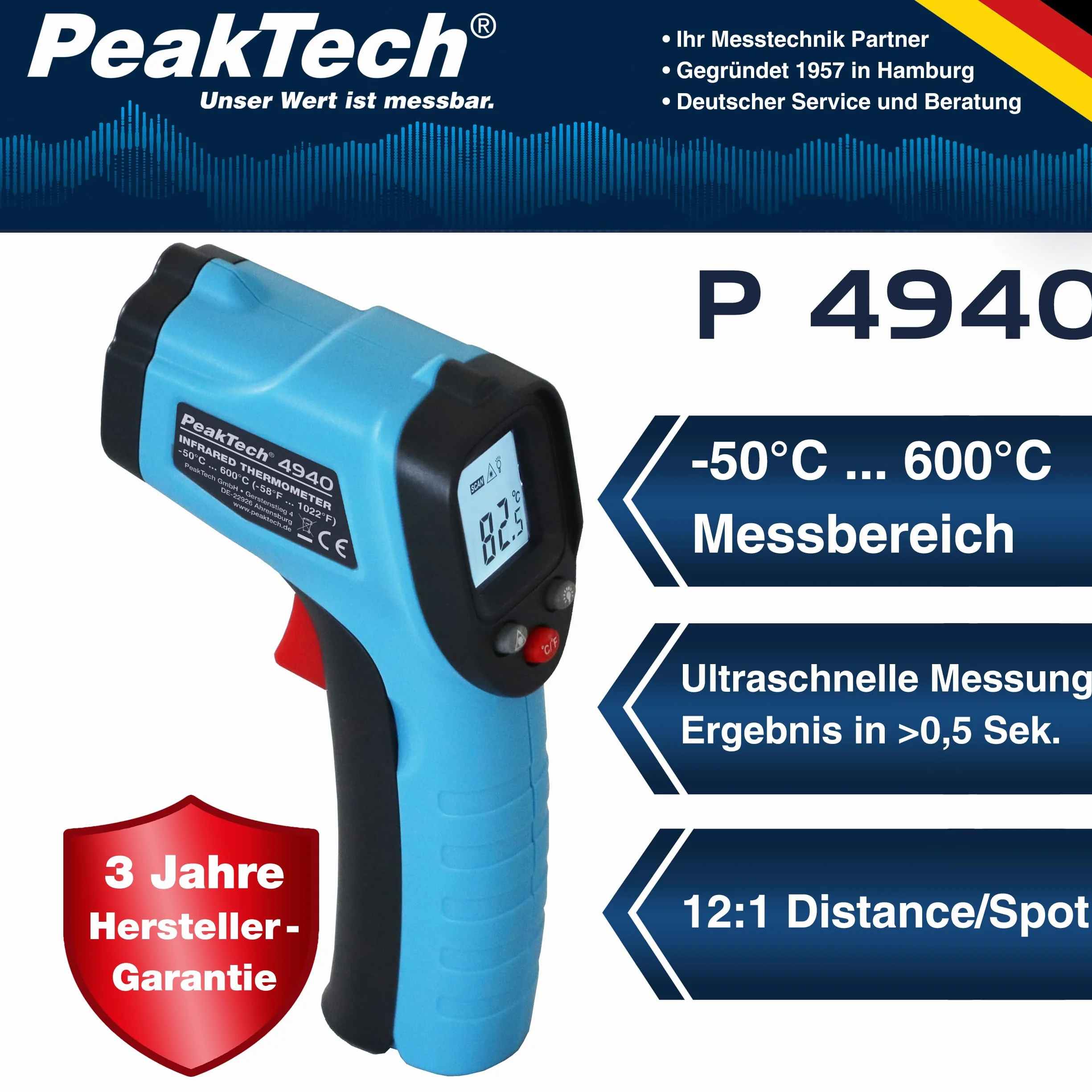 PeakTech 4940 termometr na podczerwień pirometr z laserem -50°C 600°C 12:1 0,5s emisyjność 0,95