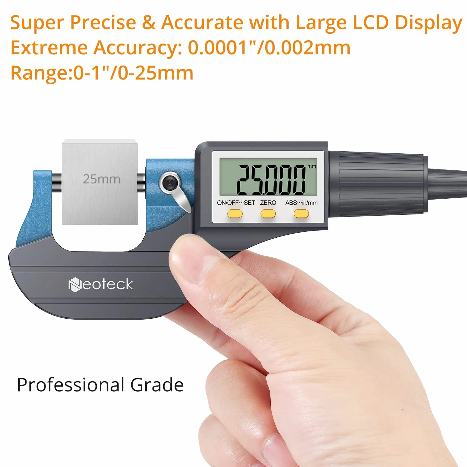 Neoteck Mikrometr cyfrowy 0-1", cal/milimetr LCD cyfrowy profesjonalny pomiar grubości narzędzia pomiarowe rozdzielczość 0,0005"/0,001 mm, obudowa ochronna (z dodatkową baterią)