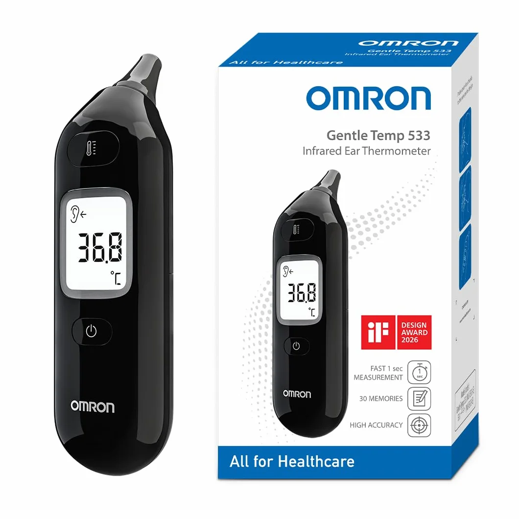 OMRON Gentle Temp 533, Cyfrowy Termometr Douszny na Podczerwień dla Niemowlęta, Dzieci i Dorosłych, Termometr Douszny z Szybkim 1-sekundowym Pomiarem i Konstrukcją bez Używania Jednorazowej Osłonki
