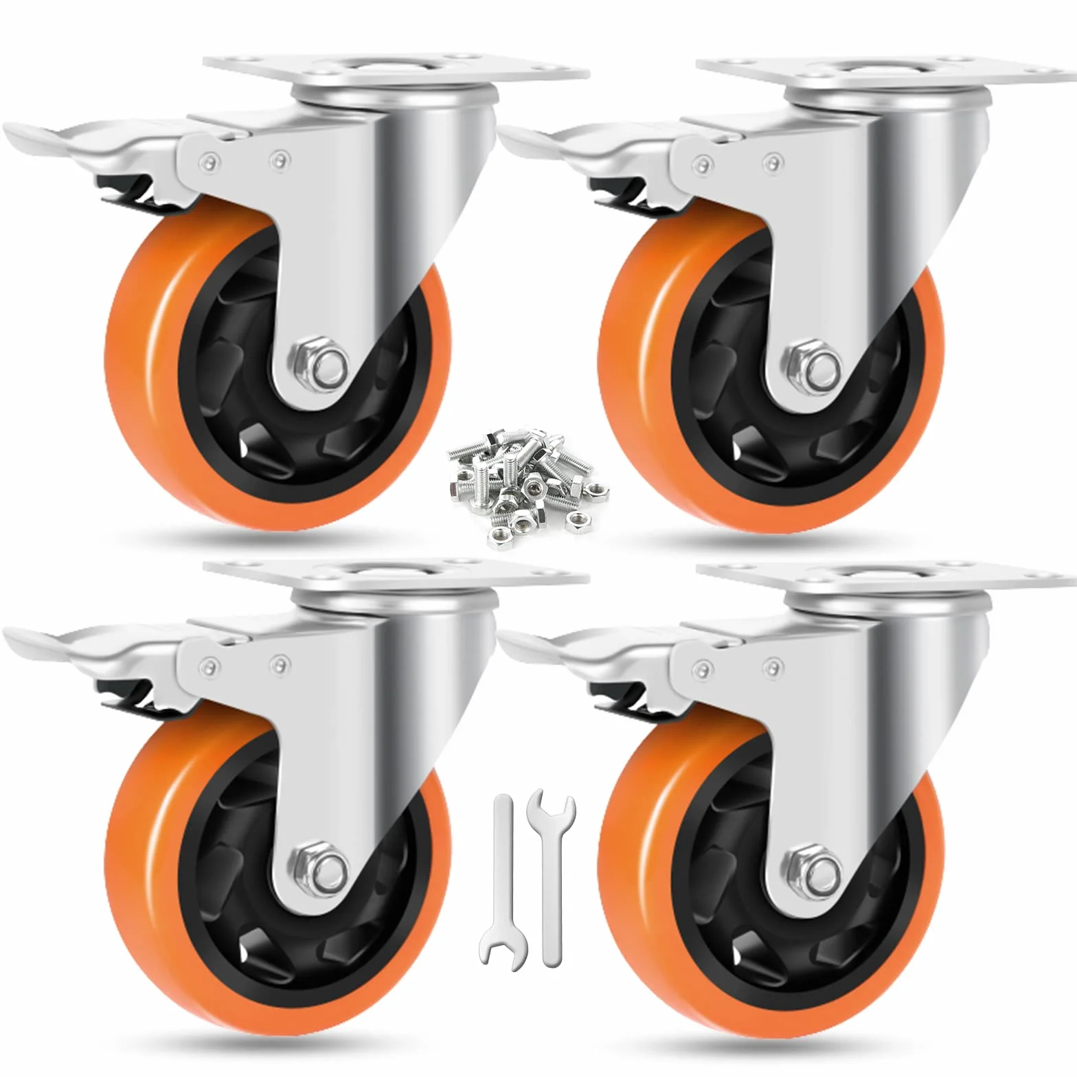 W B D WEIBIDA Caster Wheels Heavy Duty 4-calowe z udźwigiem 1200 funtów i podwójną blokadą, bezgłośne kółka poliuretanowe i wytrzymałe kółka z grubej stali do wózków, mebli, sprzętu, zestaw 4 szt