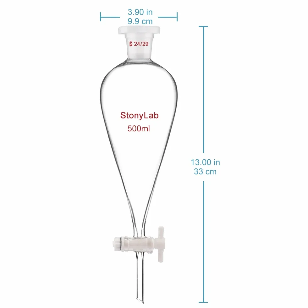 stonylab Szkło Borokrzemianowe 500 ml Ciężka Ściana Stożkowy Lejek Separacyjny ze 24/29 Złączami i Kranem z PTFE, 500 ml