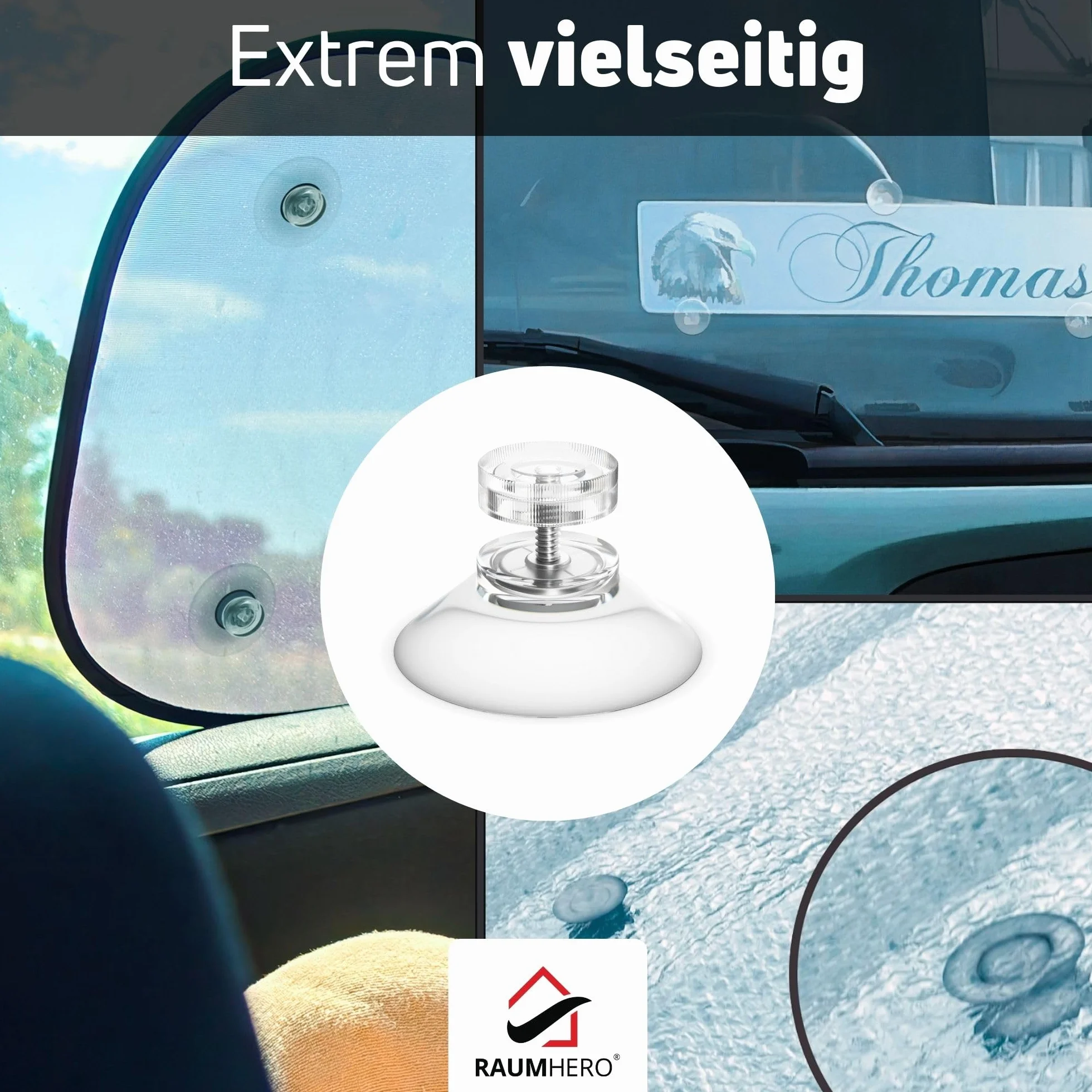 Raumhero 4 x przyssawka z gwintem (duża siła przyczepności), szklane przyssawki z przezroczystą nakrętką radełkowaną Ø 30 mm – 100% Made in Germany – przyssawki, przyssawka przykręcana, przyssawki