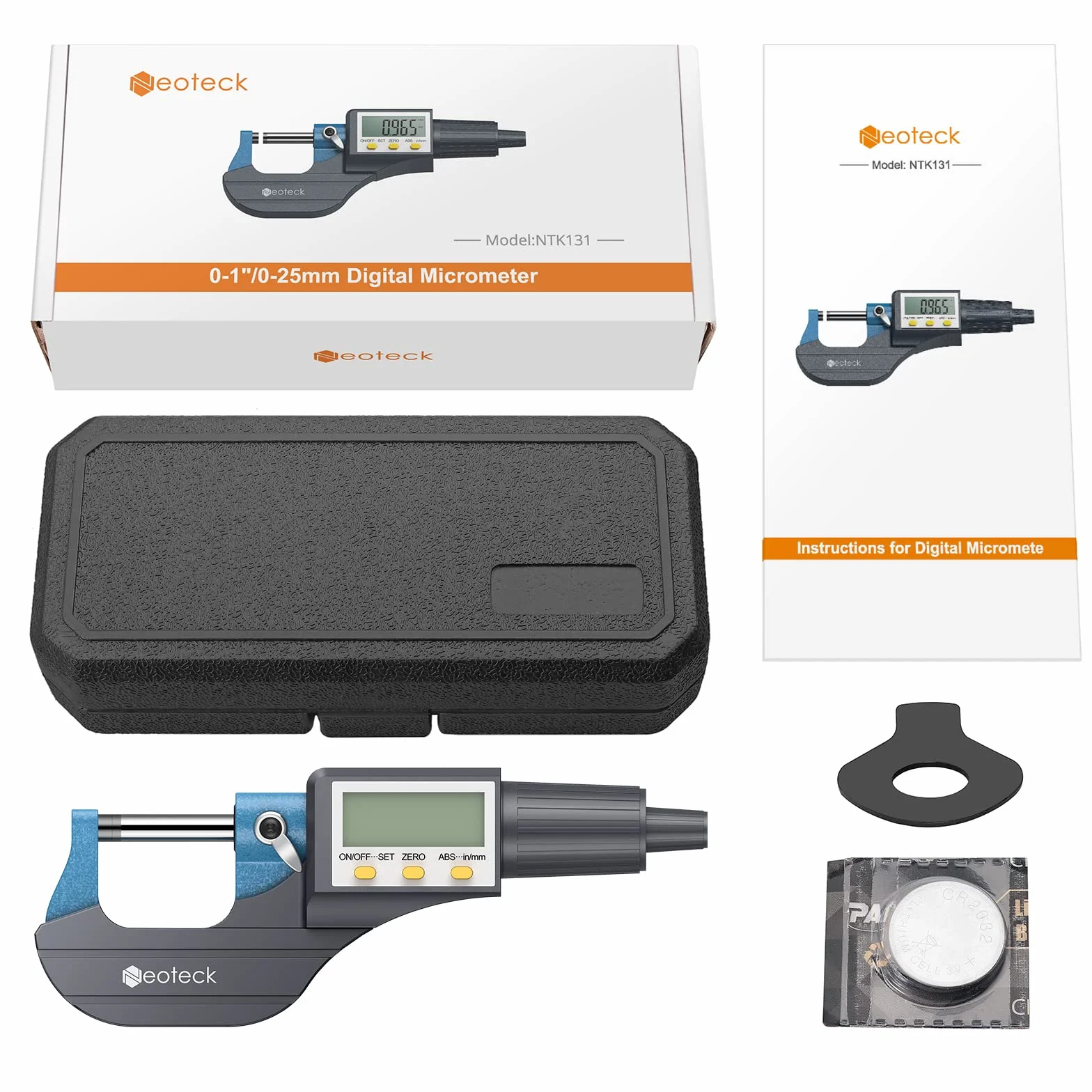 Neoteck Mikrometr cyfrowy 0-1", cal/milimetr LCD cyfrowy profesjonalny pomiar grubości narzędzia pomiarowe rozdzielczość 0,0005"/0,001 mm, obudowa ochronna (z dodatkową baterią)