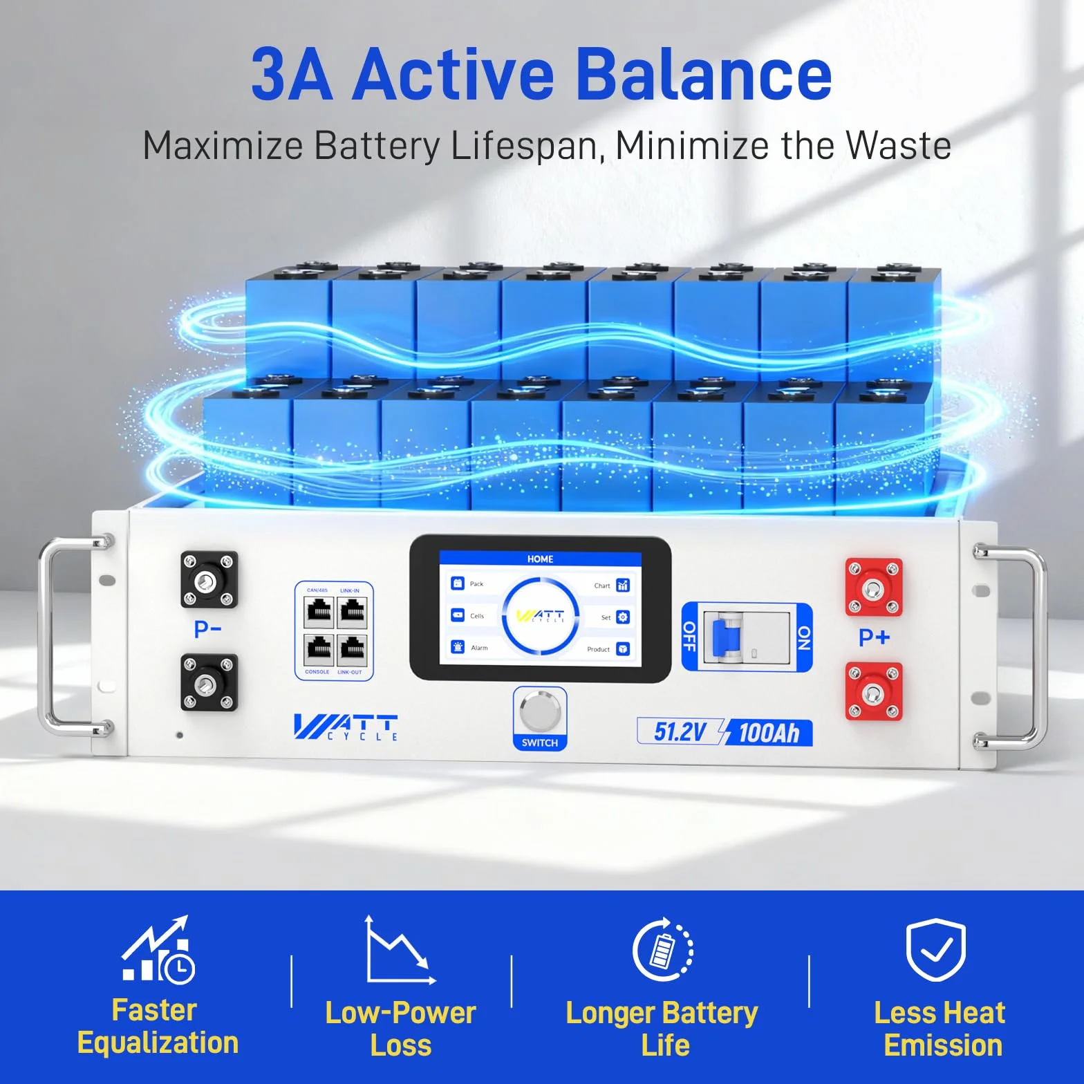 Akumulator litowo-żelazowo-fosforanowy WattCycle 48 V 100 Ah V2, 5,12 kWh, akumulator litowo-żelazowo-fosforanowy z aktywnym balanserem 3 A i aplikacją Bluetooth, montaż w szafie 3U do systemów solarn