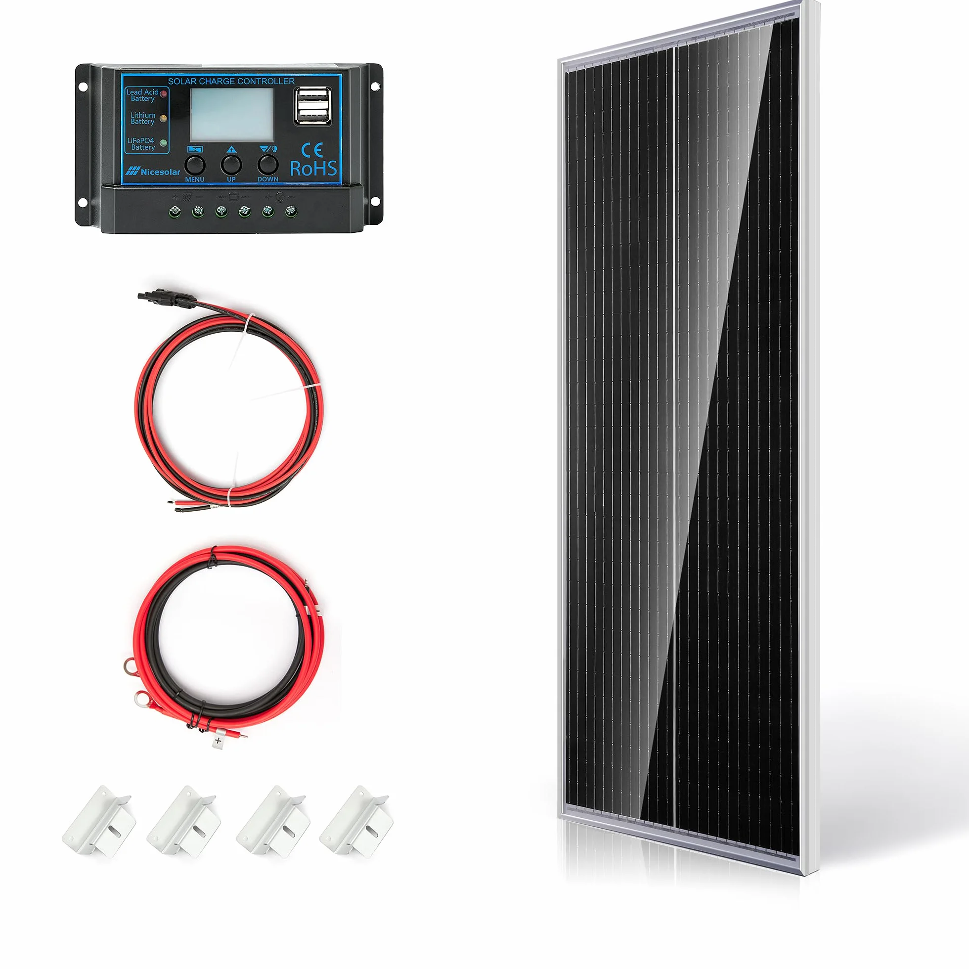 Nicesolar Panel słoneczny 100 W, monokrystaliczny zestaw paneli słonecznych 100 W, moduł solarny z regulatorem ładowania 20 A, do niezależnego od sieci ładowania 12 V, do kampera, łodzi, przyczepy