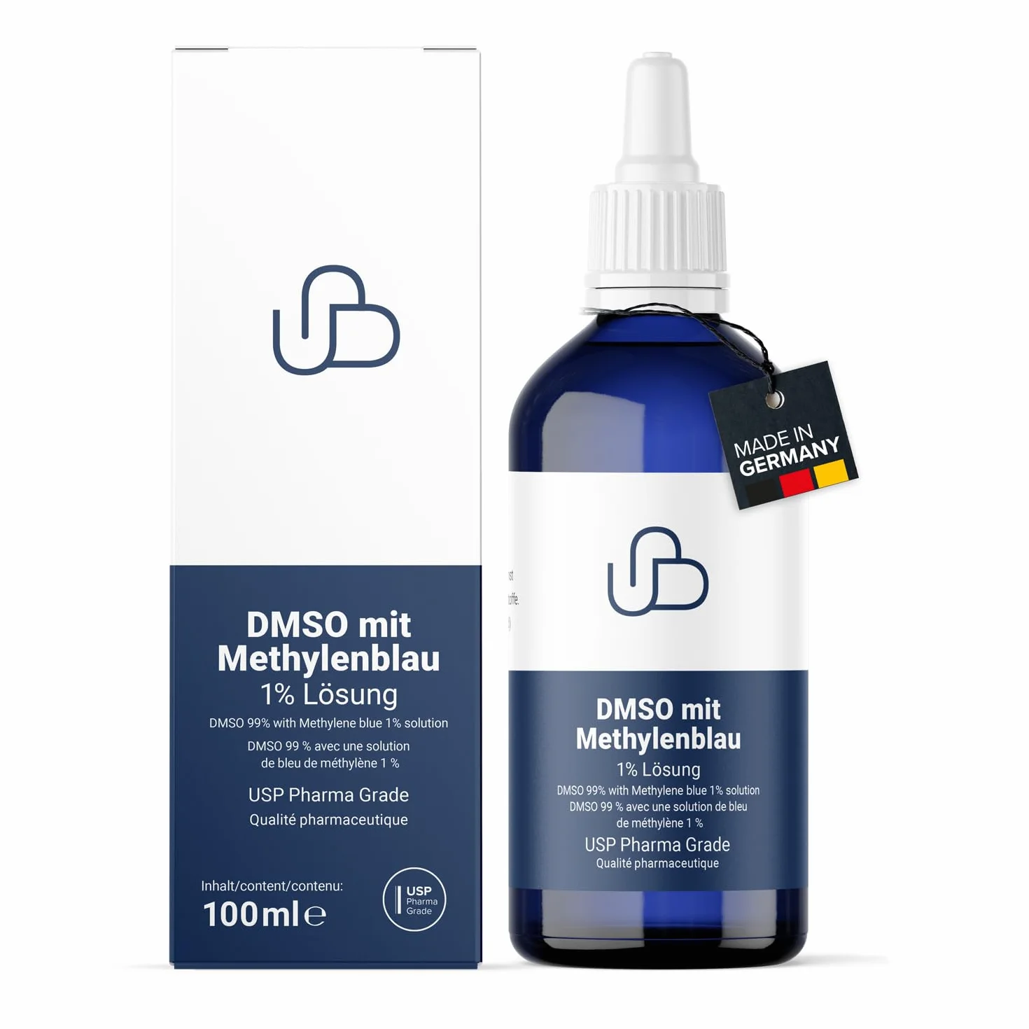 DMSO z roztworem błękitu metylenowego, 1% czystej jakości USP Pharma, 100 ml, bez dodatków, jakość sprawdzona laboratoryjnie, Made in Germany