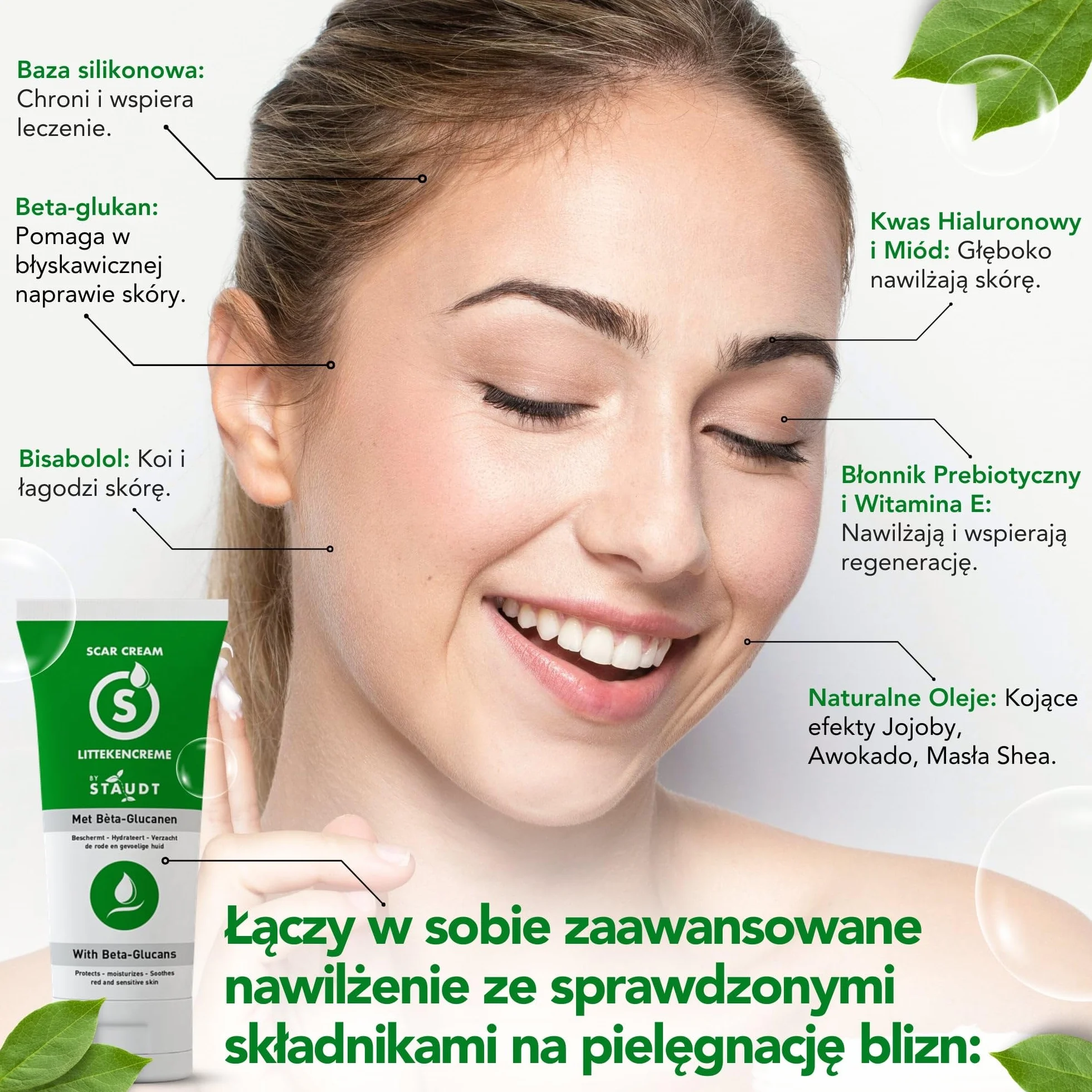 STAUDT Krem na blizny premium, 100 ml, wartościowy rozmiar, zaawansowana formuła z witaminą E, miodem, kwasem hialuronowym i silikonem, intensywne gojenie starych i nowych blizn, chirurgicznych,