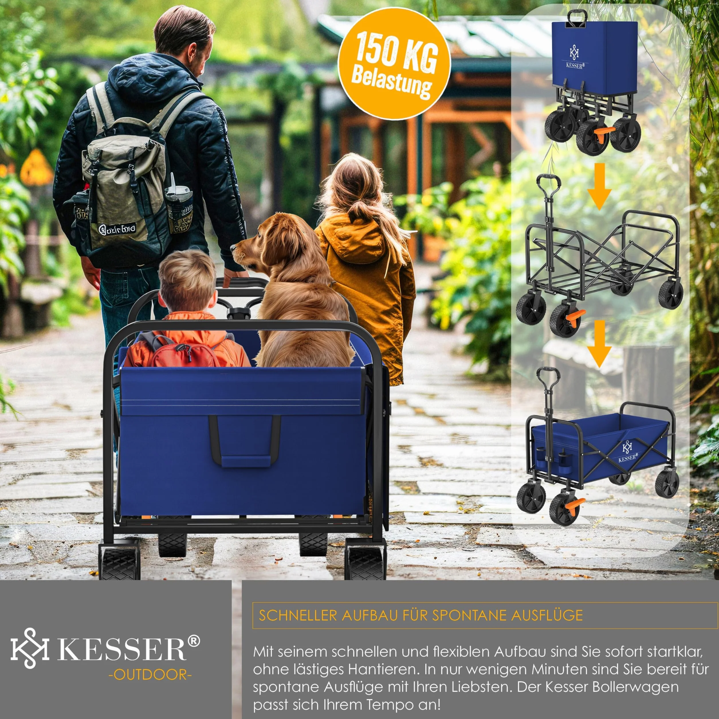 KESSER® Składany wózek ręczny, wózek transportowy, wózek na narzędzia, w zestawie 2 kieszenie z siatki, składany, opony PCW, nośność do 80 kg, przyczepa ogrodowa bez dachu