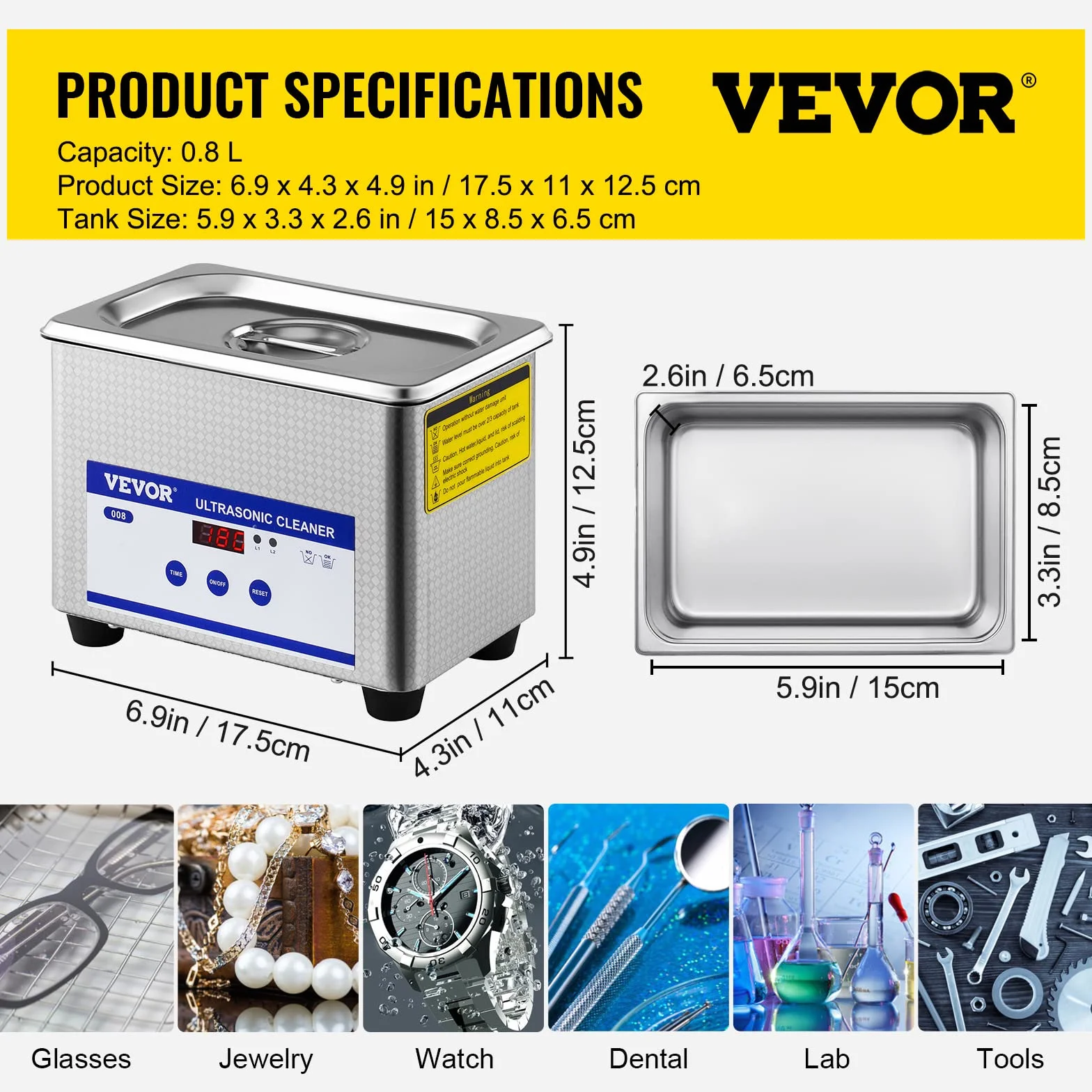 VEVOR Ultradźwiękowy środek czyszczący 800ml 35W Profesjonalna myjka ultradźwiękowa ze stali nierdzewnej 40 kHz z wyświetlaczem LED