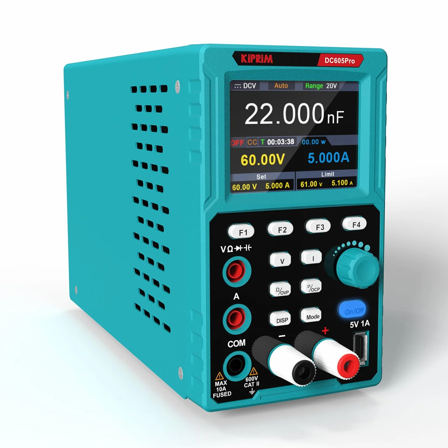 Kiprim Zasilacze laboratoryjne 2 w 1 i programowalny multimetr (0-60 V, 0-5 A) DC605Pro Regulowane zasilacze z pamięcią danych, OCP, OVP, oprogramowaniem PC i ładowaniem USB