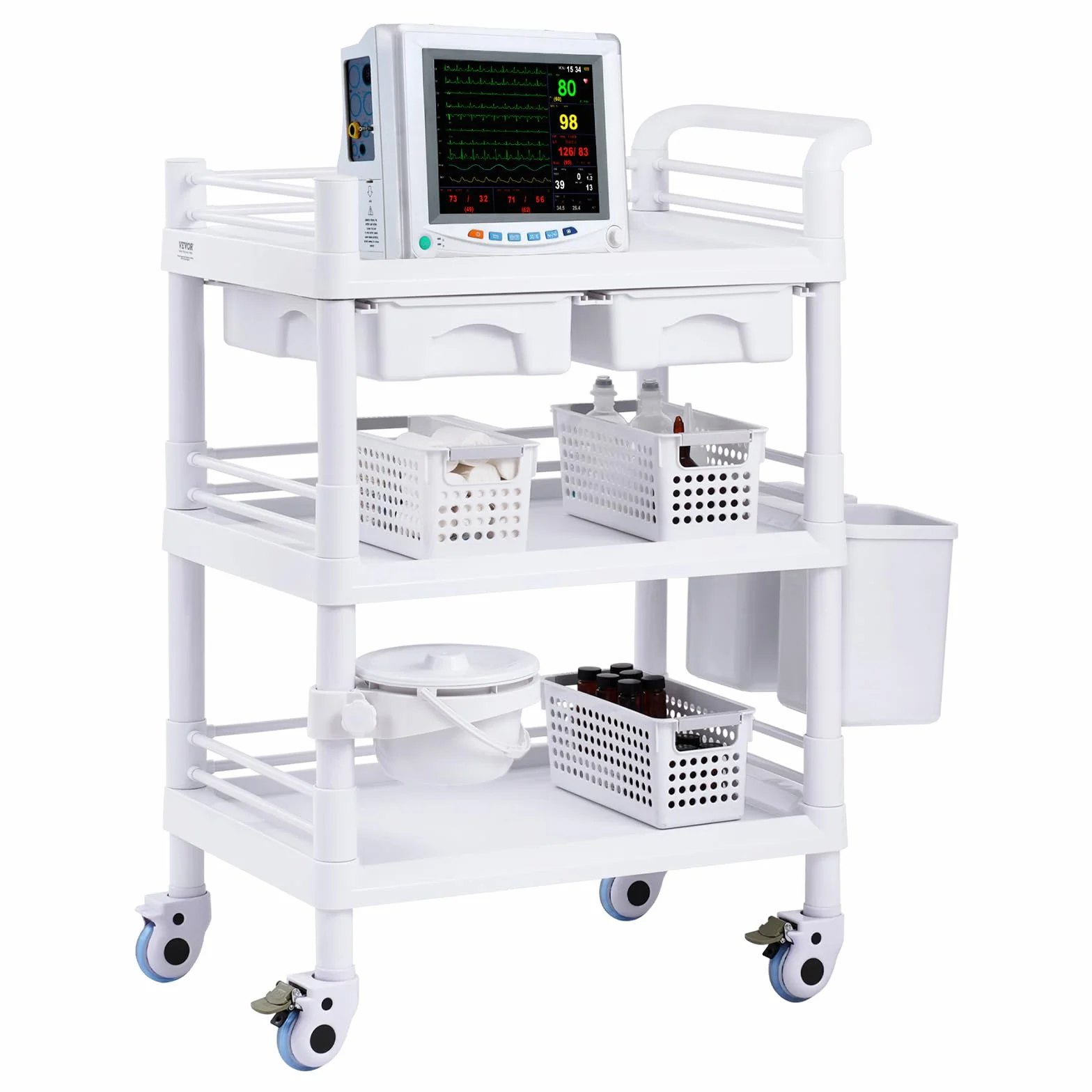 VEVOR Wózki laboratoryjne 3-poziomowy wózek medyczny z 3 tacami i 4 kołami Cichy mobilny wózek medyczny z materiałem PP z 3 pojemnikami na śmieci do laboratorium, kliniki, szpitala, biały